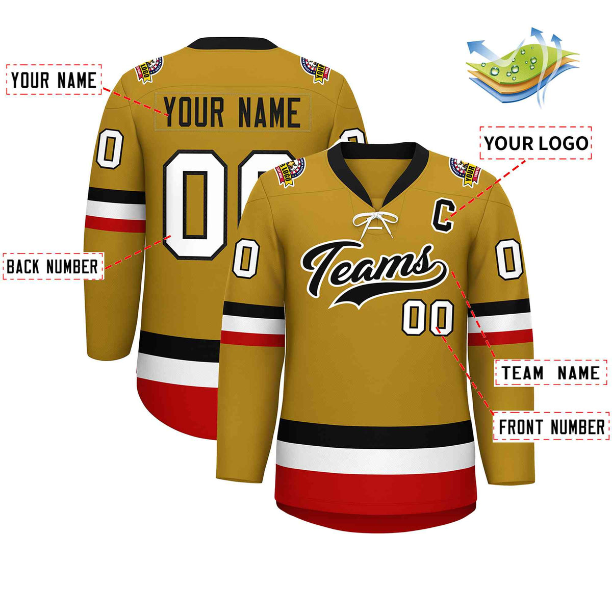 Custom Old Gold Black-White Lace-Up Neck Hockey Jersey | KXKSHOP