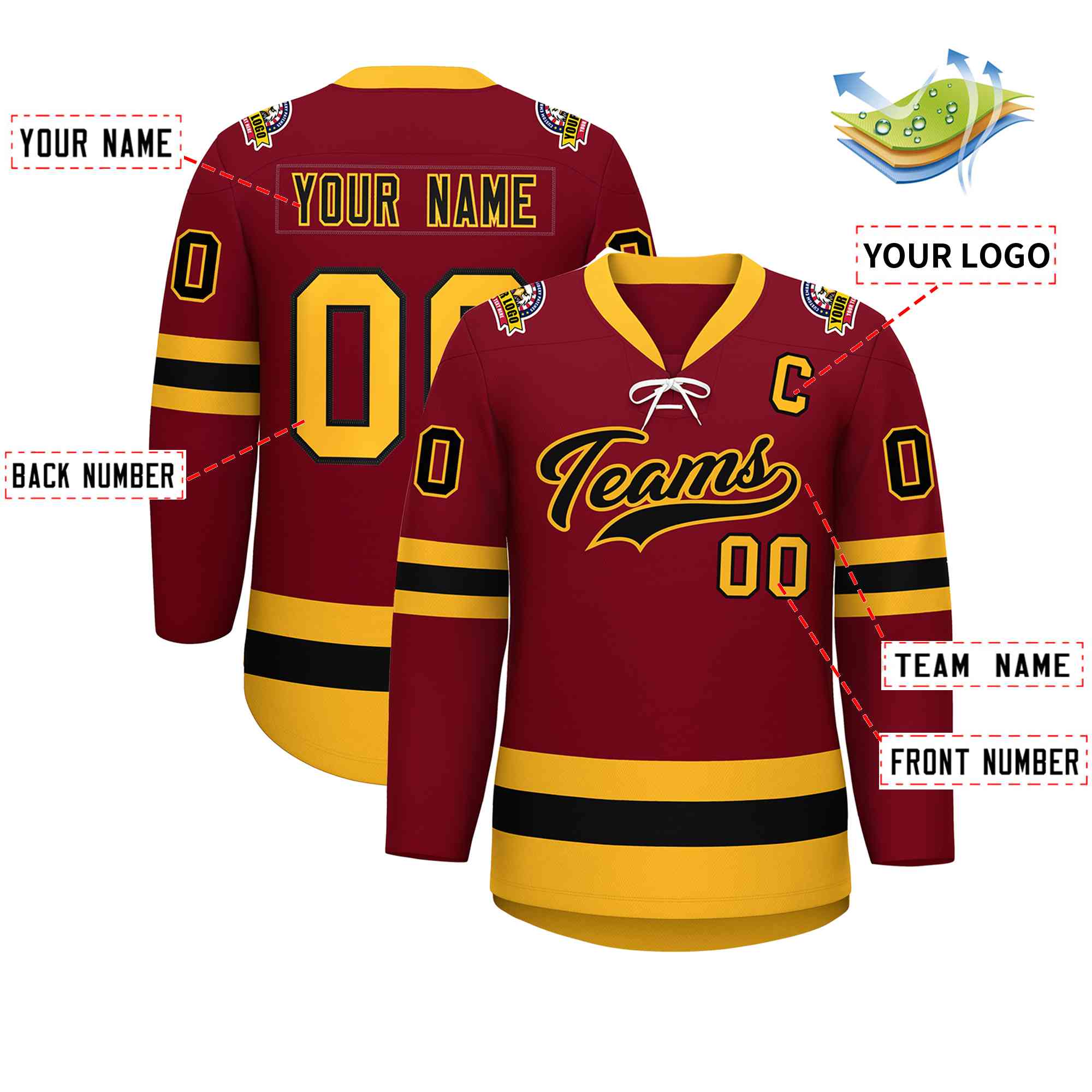 Custom Crimson Black-Gold Lace-Up Neck Hockey Jersey | KXKSHOP