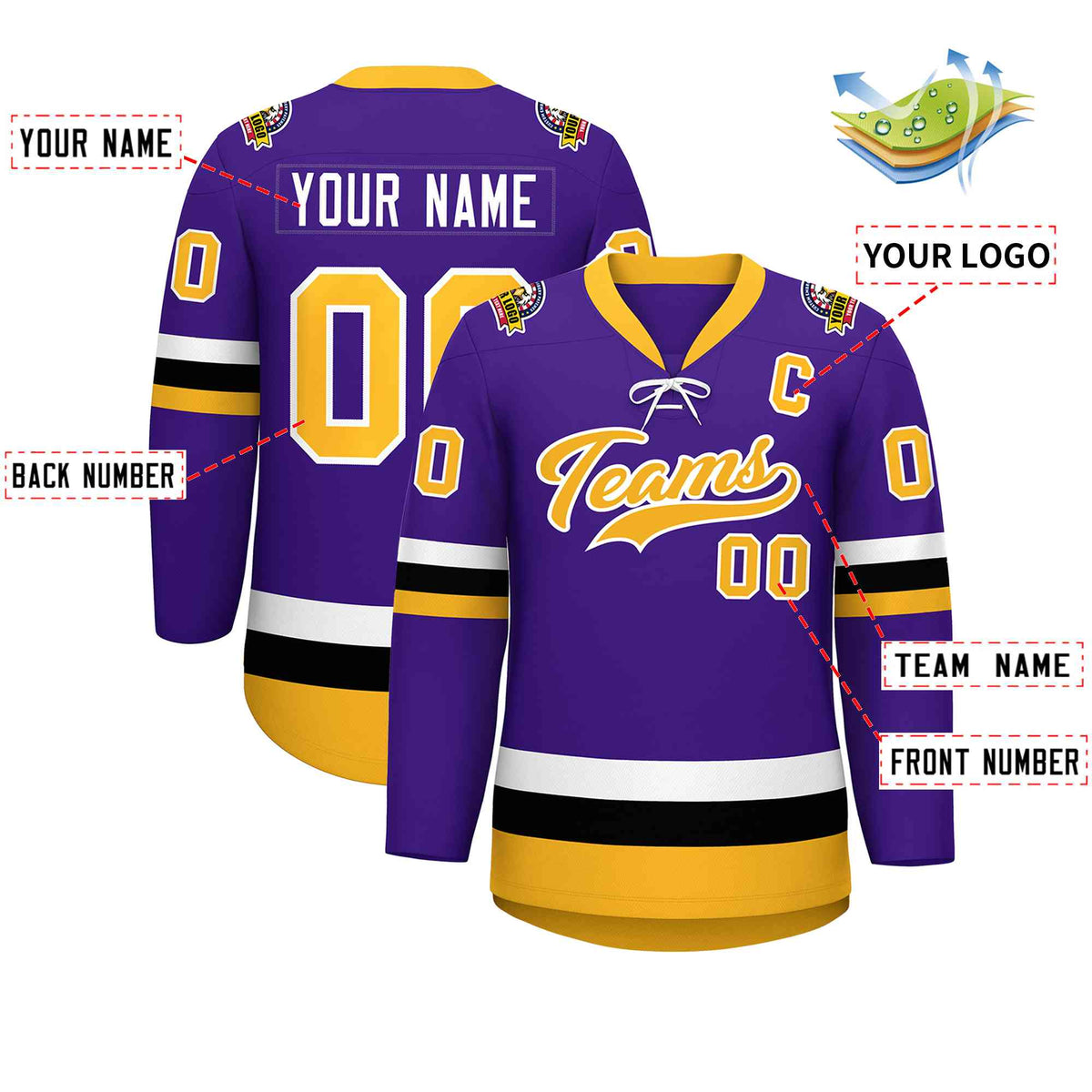 Custom Purple Gold-White Lace-Up Neck Hockey Jersey | KXKSHOP