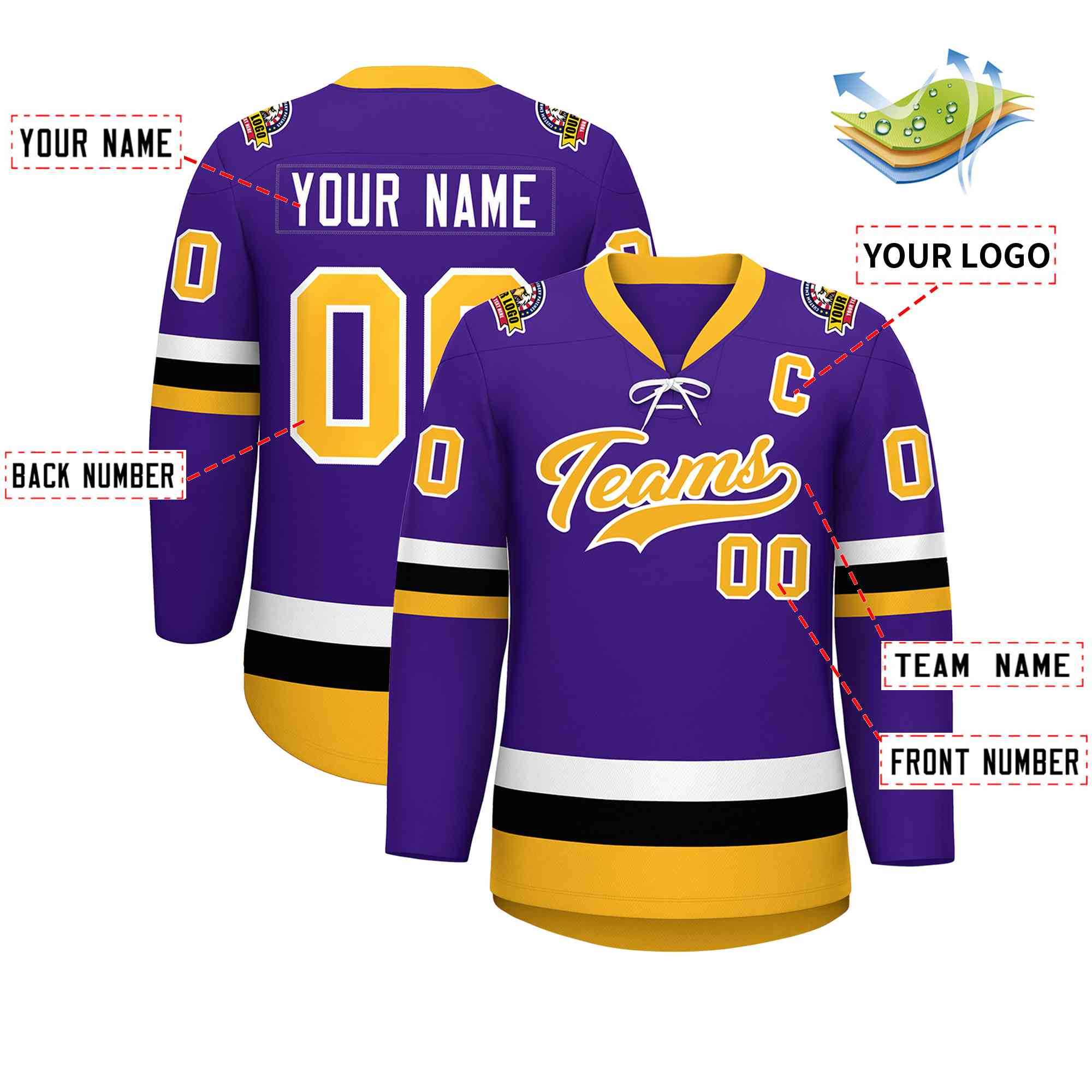 Custom Purple Gold-White Lace-Up Neck Hockey Jersey | KXKSHOP