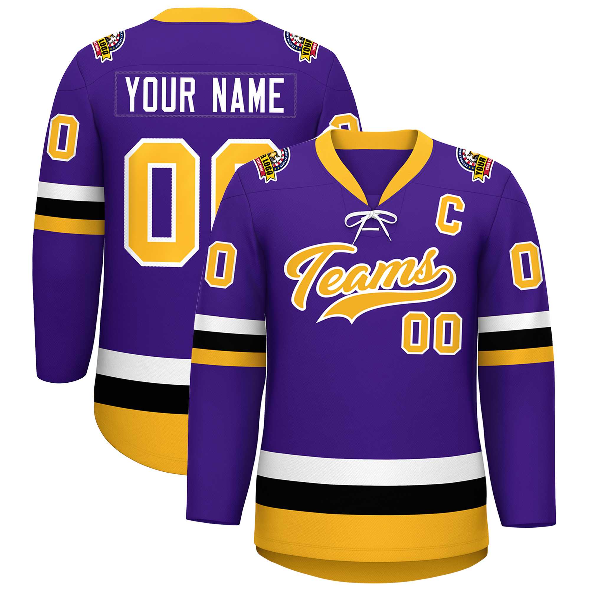 Custom Purple Gold-White Lace-Up Neck Hockey Jersey | KXKSHOP