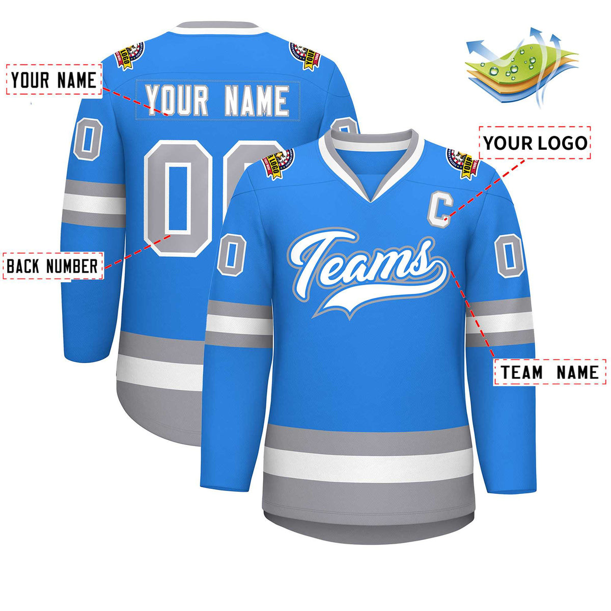 Custom Powder Blue White Powder Blue-Gray Classic Style Hockey Jersey | KXKSHOP