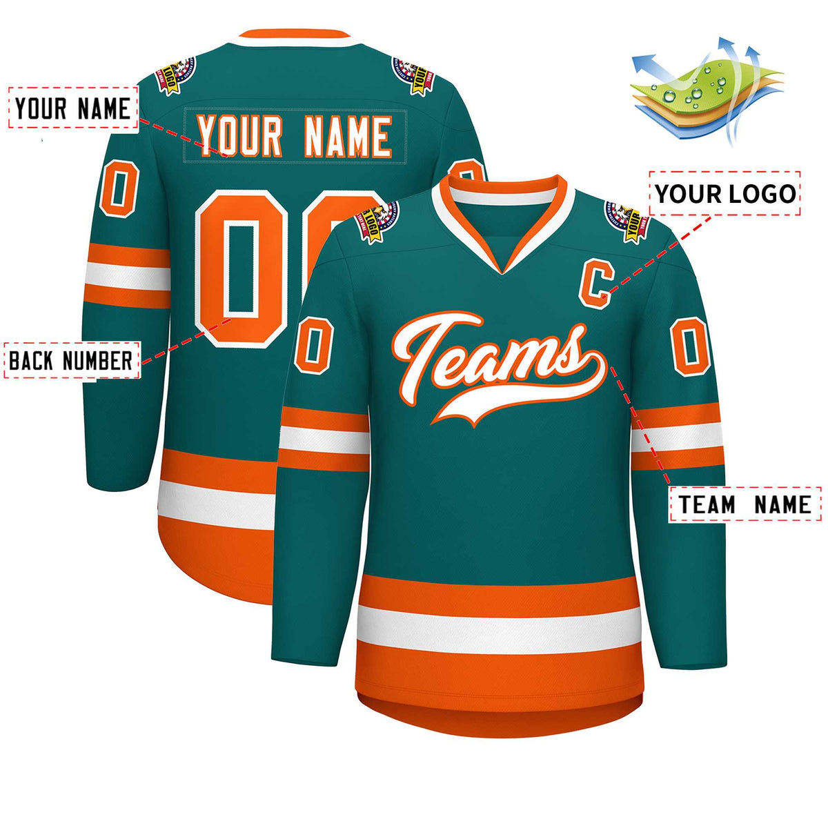 Custom Teal White-Orange Classic Style Hockey Jersey | KXKSHOP
