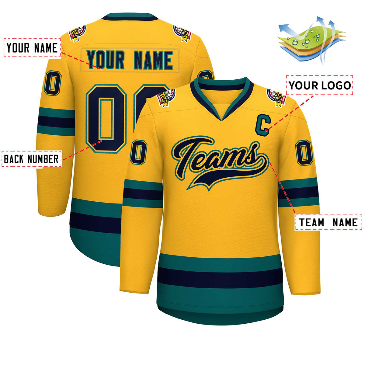 Custom Gold Navy Gold-Aqua Classic Style Hockey Jersey | KXKSHOP