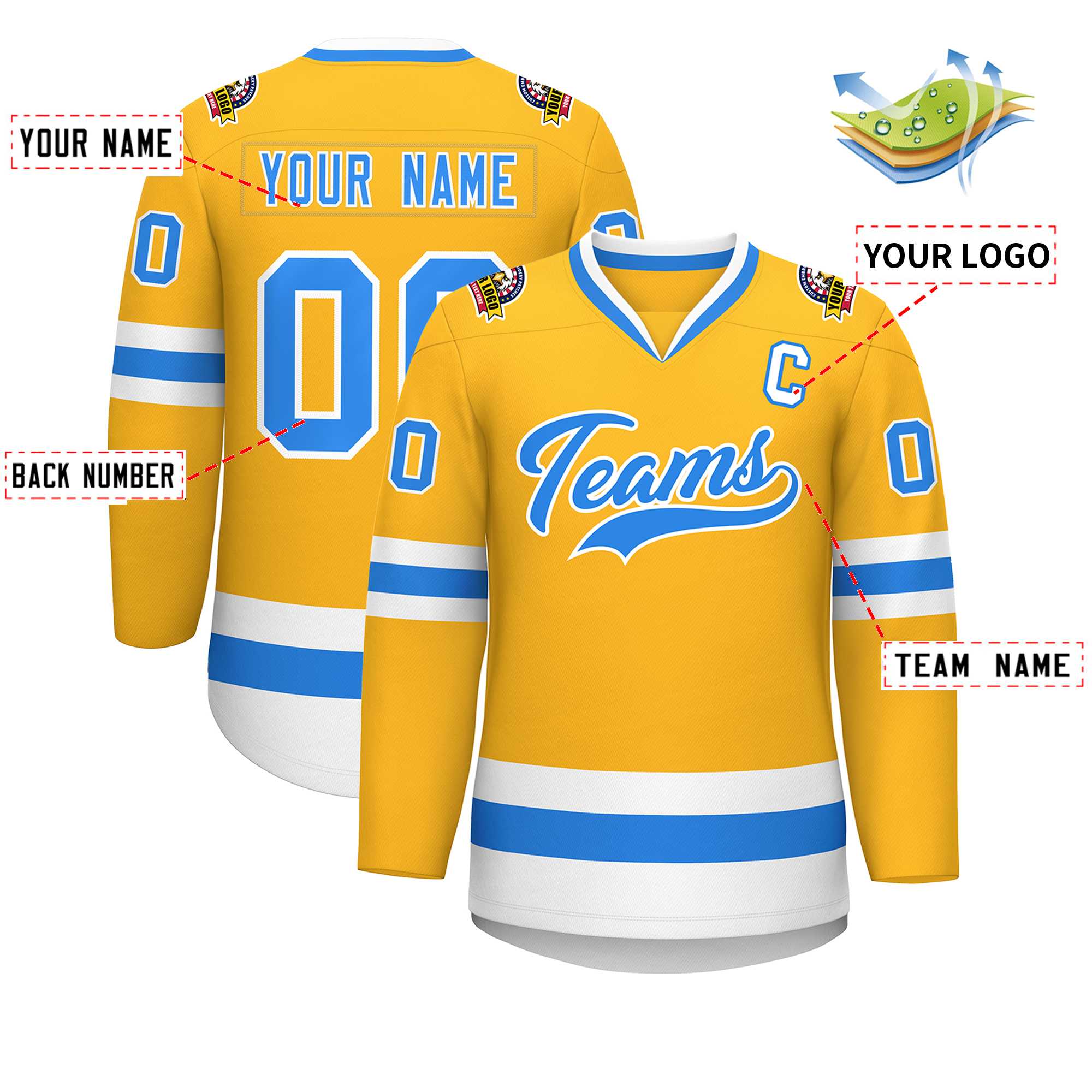 Custom Gold Powder Blue-White Classic Style Hockey Jersey | KXKSHOP