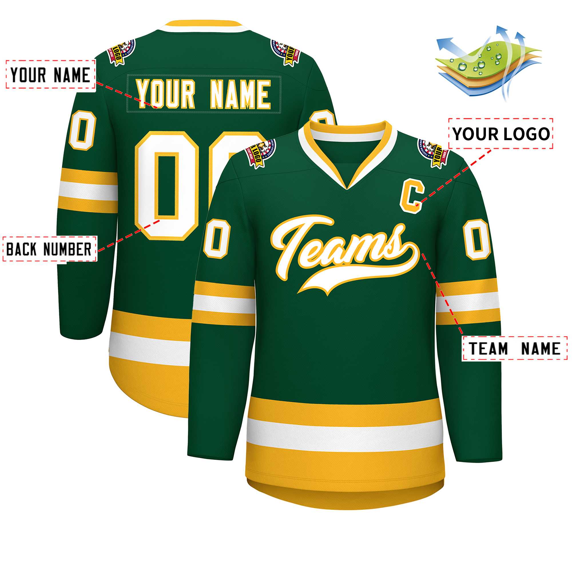 Custom Green White-Gold Classic Style Hockey Jersey | KXKSHOP