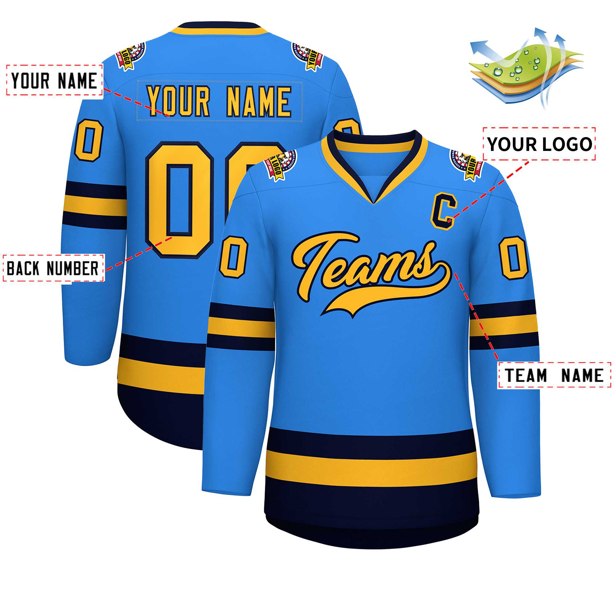Custom Powder Blue Gold-Navy Classic Style Hockey Jersey | KXKSHOP