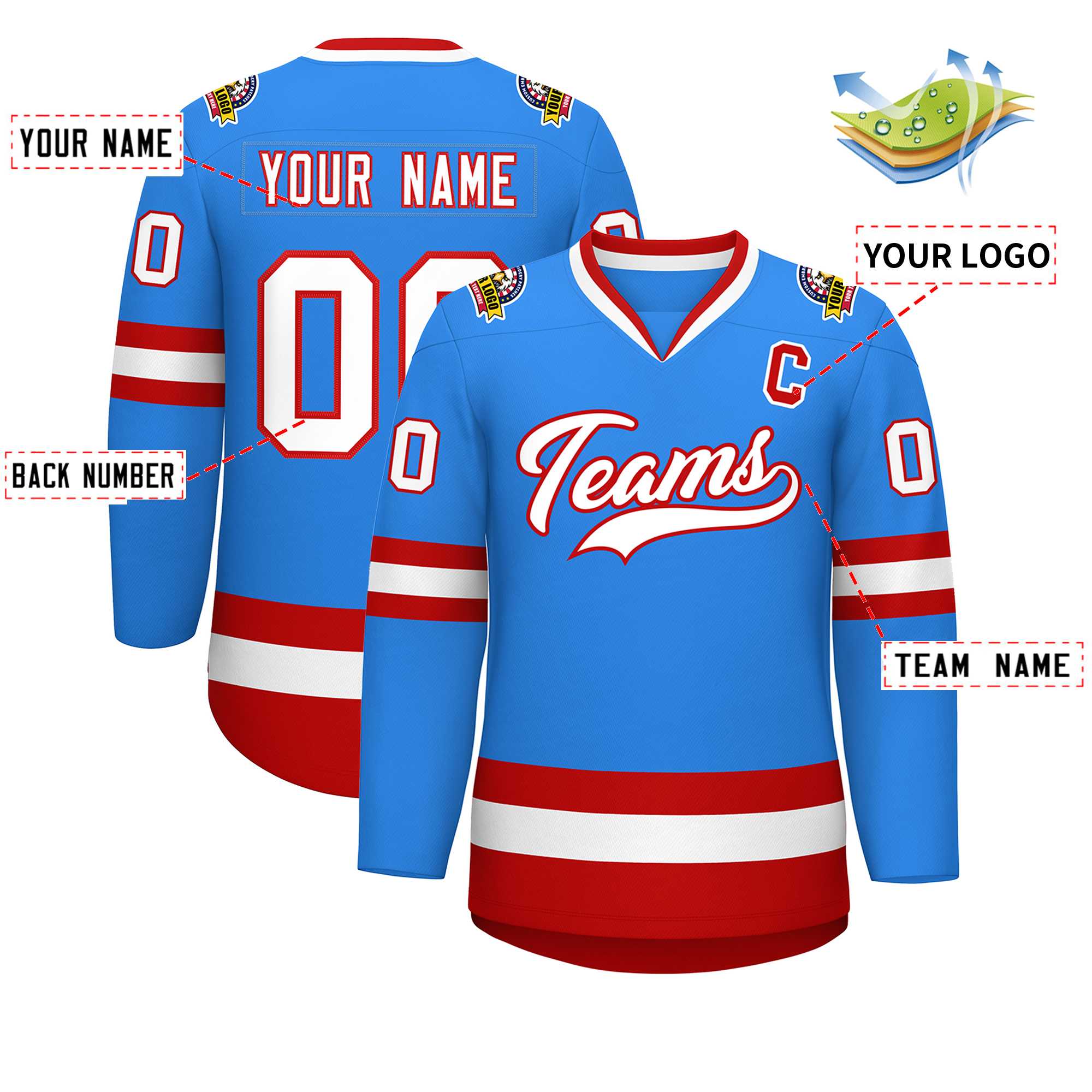 Custom Powder Blue White-Red Classic Style Hockey Jersey | KXKSHOP