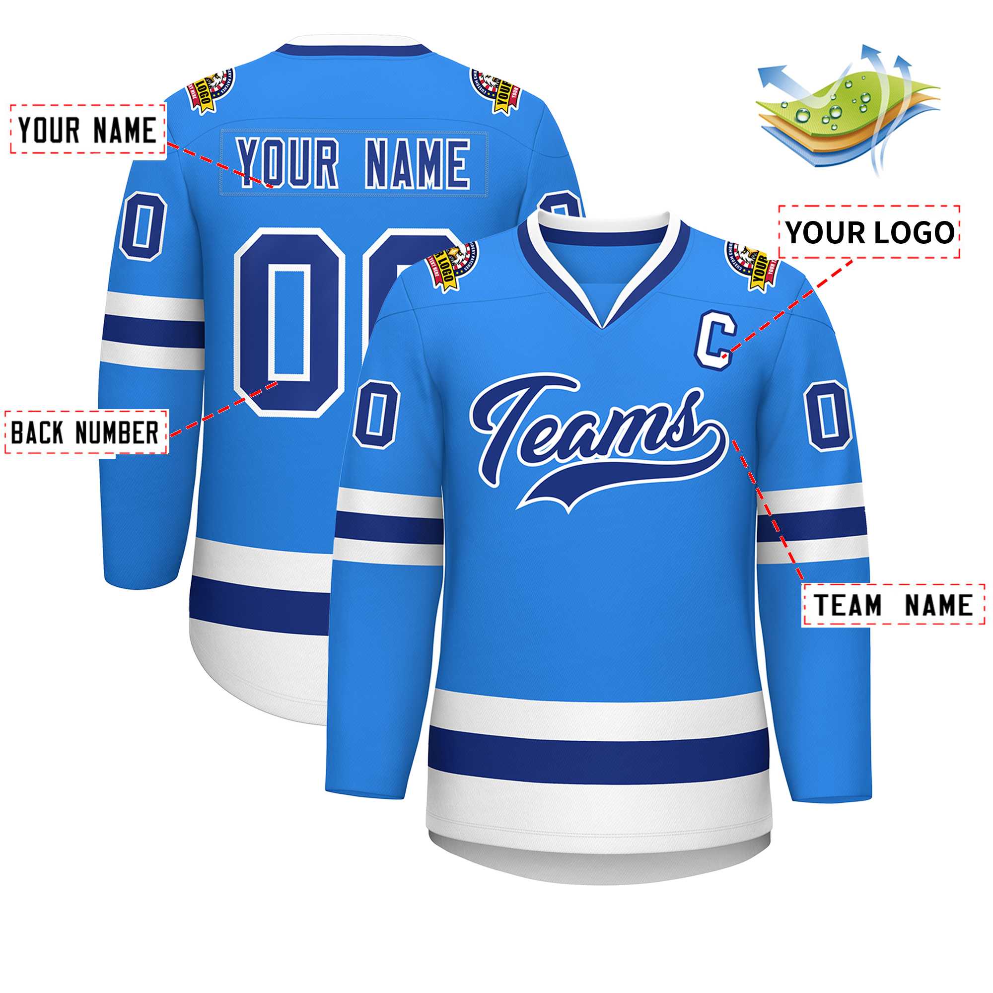 Custom Powder Blue Royal-White Classic Style Hockey Jersey | KXKSHOP