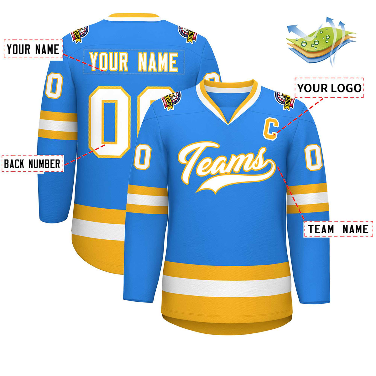 Custom Powder Blue White-Gold Classic Style Hockey Jersey | KXKSHOP