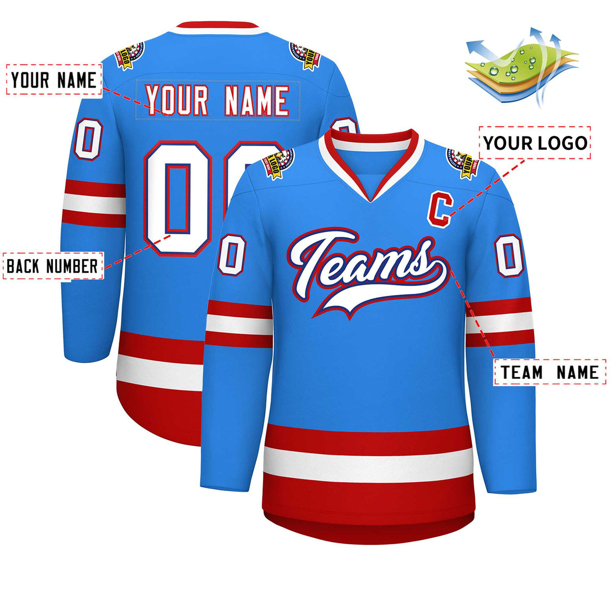 Custom Powder Blue White Royal-Red Classic Style Hockey Jersey | KXKSHOP