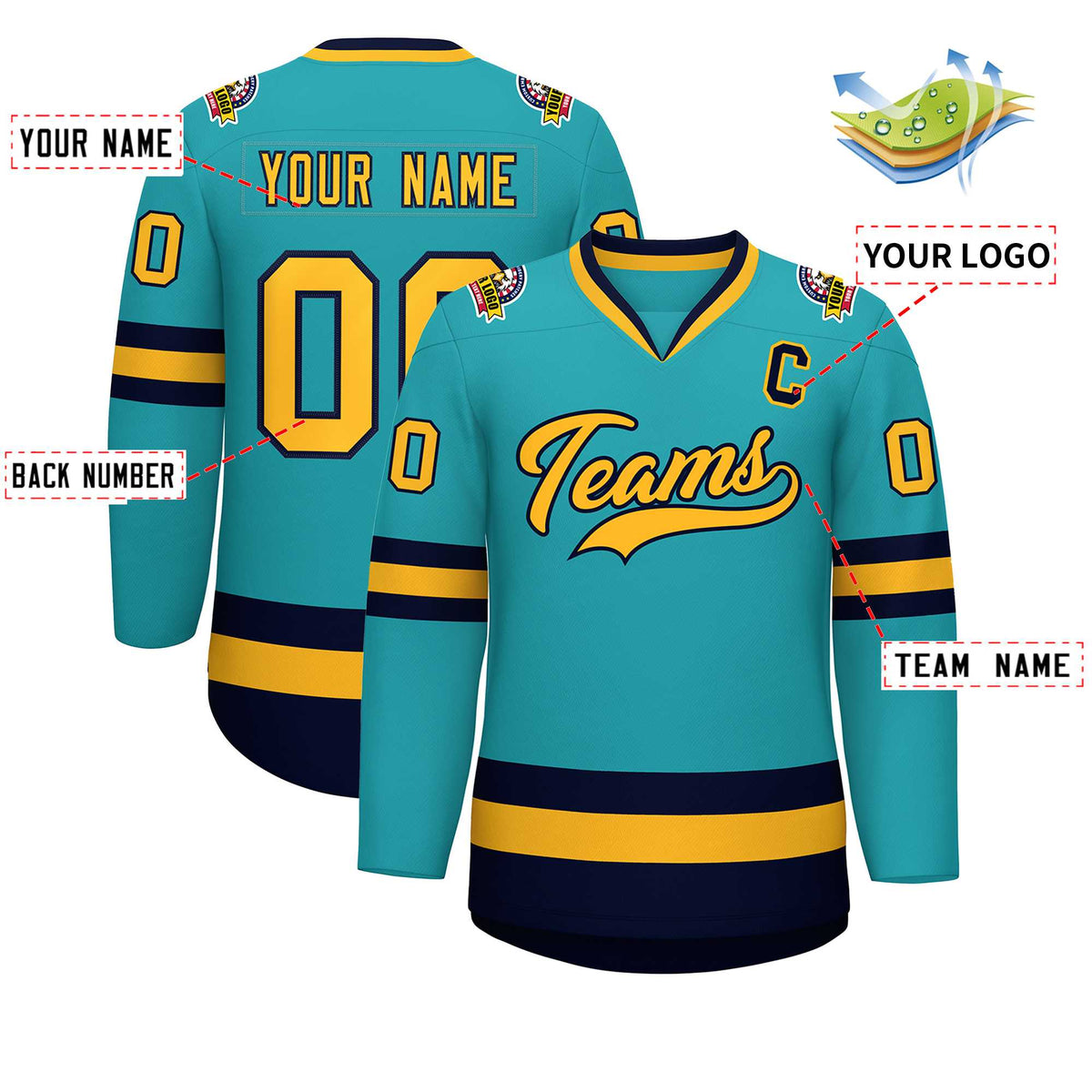 Custom Aqua Gold-Navy Classic Style Hockey Jersey | KXKSHOP
