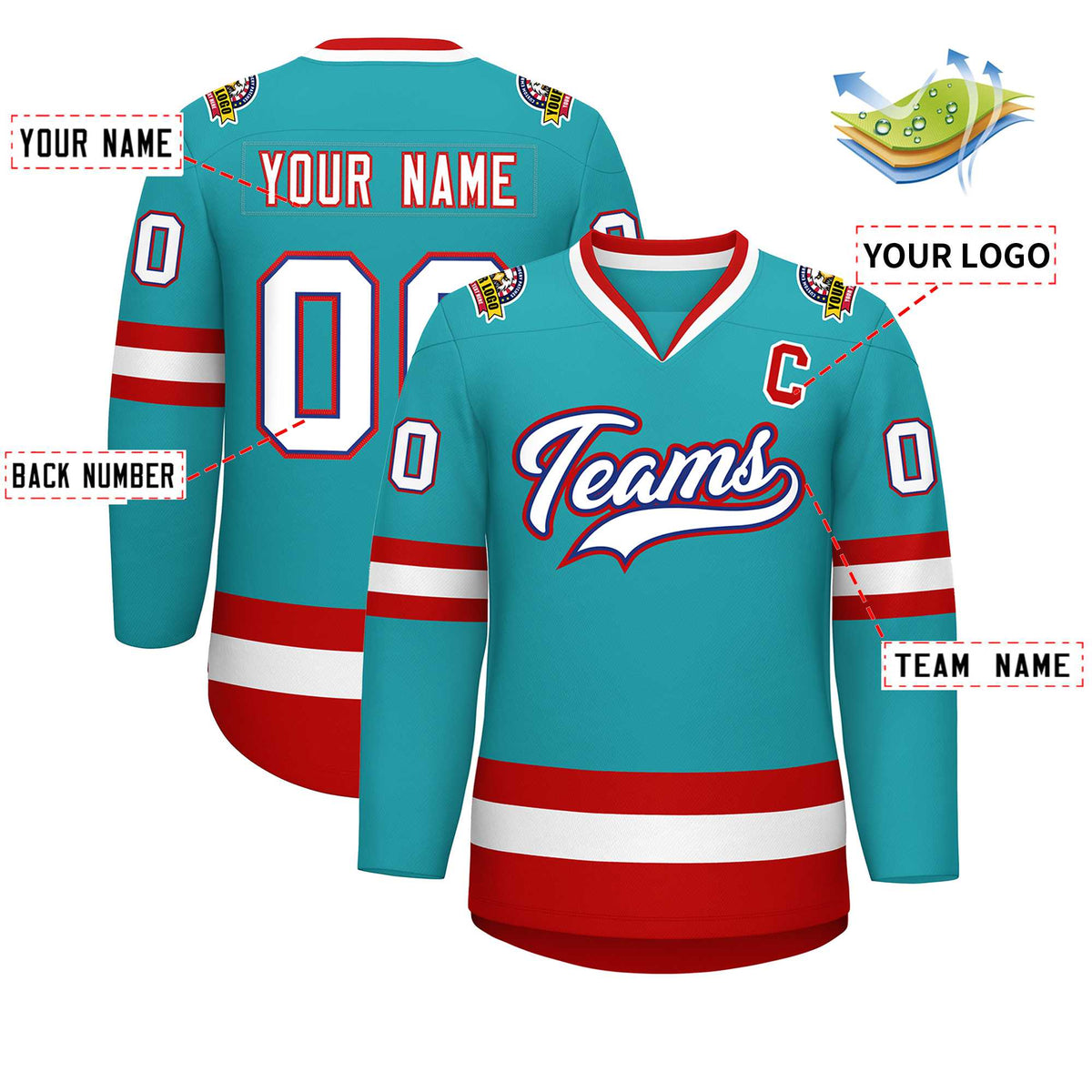 Custom Aqua White Royal-Red Classic Style Hockey Jersey | KXKSHOP