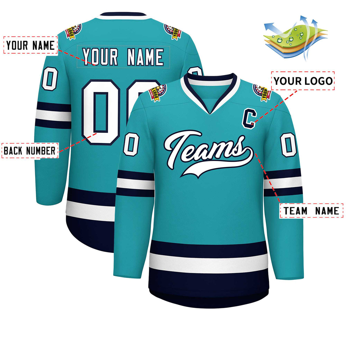 Custom Aqua White-Navy Classic Style Hockey Jersey | KXKSHOP