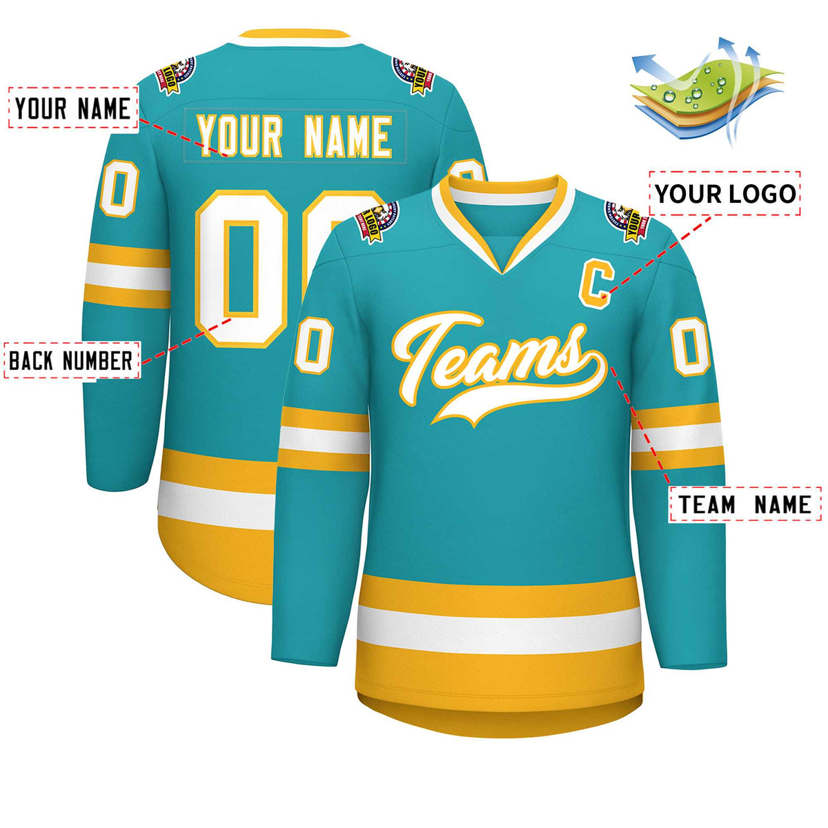 Custom Aqua White-Gold Classic Style Hockey Jersey | KXKSHOP