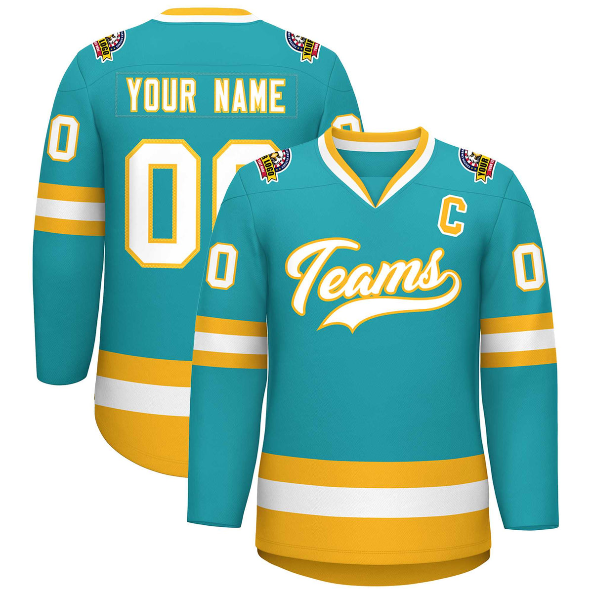 Custom Aqua White-Gold Classic Style Hockey Jersey | KXKSHOP