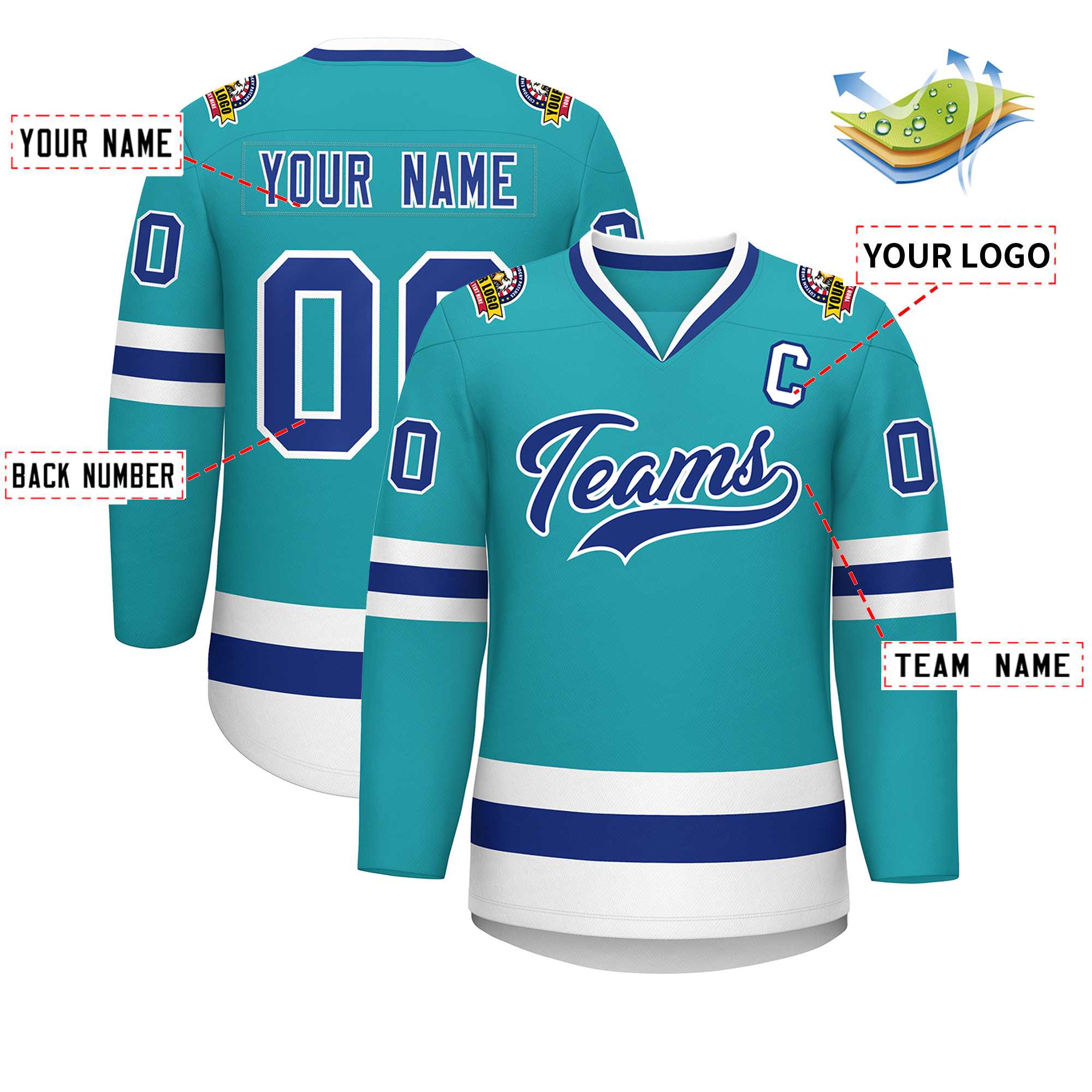 Custom Aqua Royal-White Classic Style Hockey Jersey | KXKSHOP