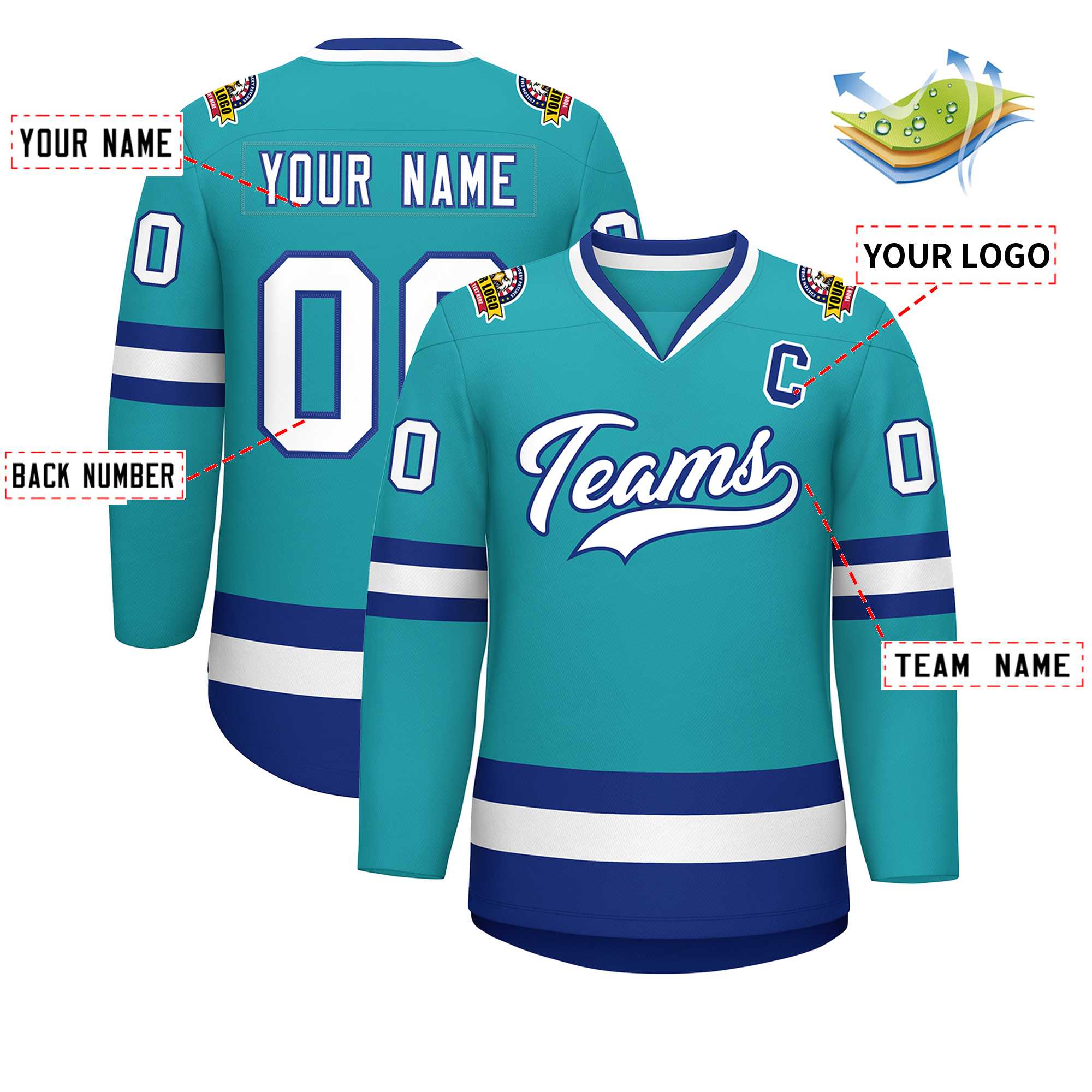 Custom Aqua White-Royal Classic Style Hockey Jersey | KXKSHOP