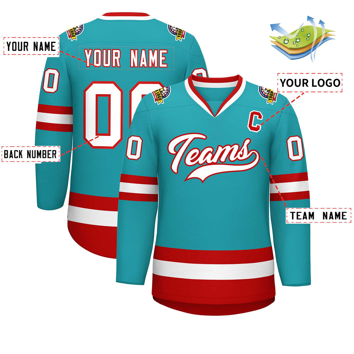 Custom Aqua White-Red Classic Style Hockey Jersey | KXKSHOP