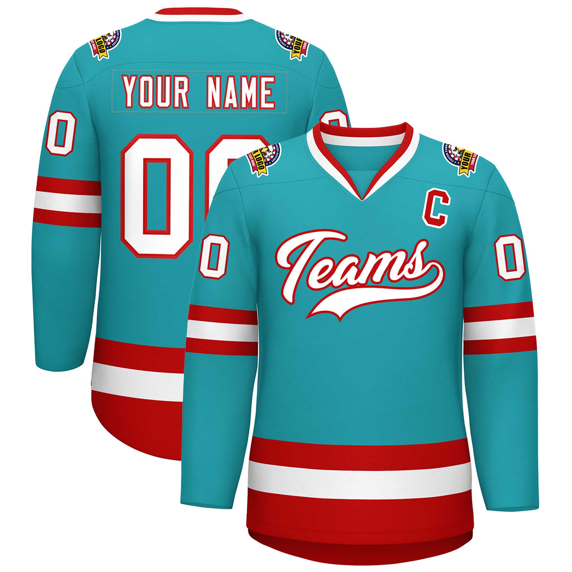 Custom Aqua White-Red Classic Style Hockey Jersey | KXKSHOP