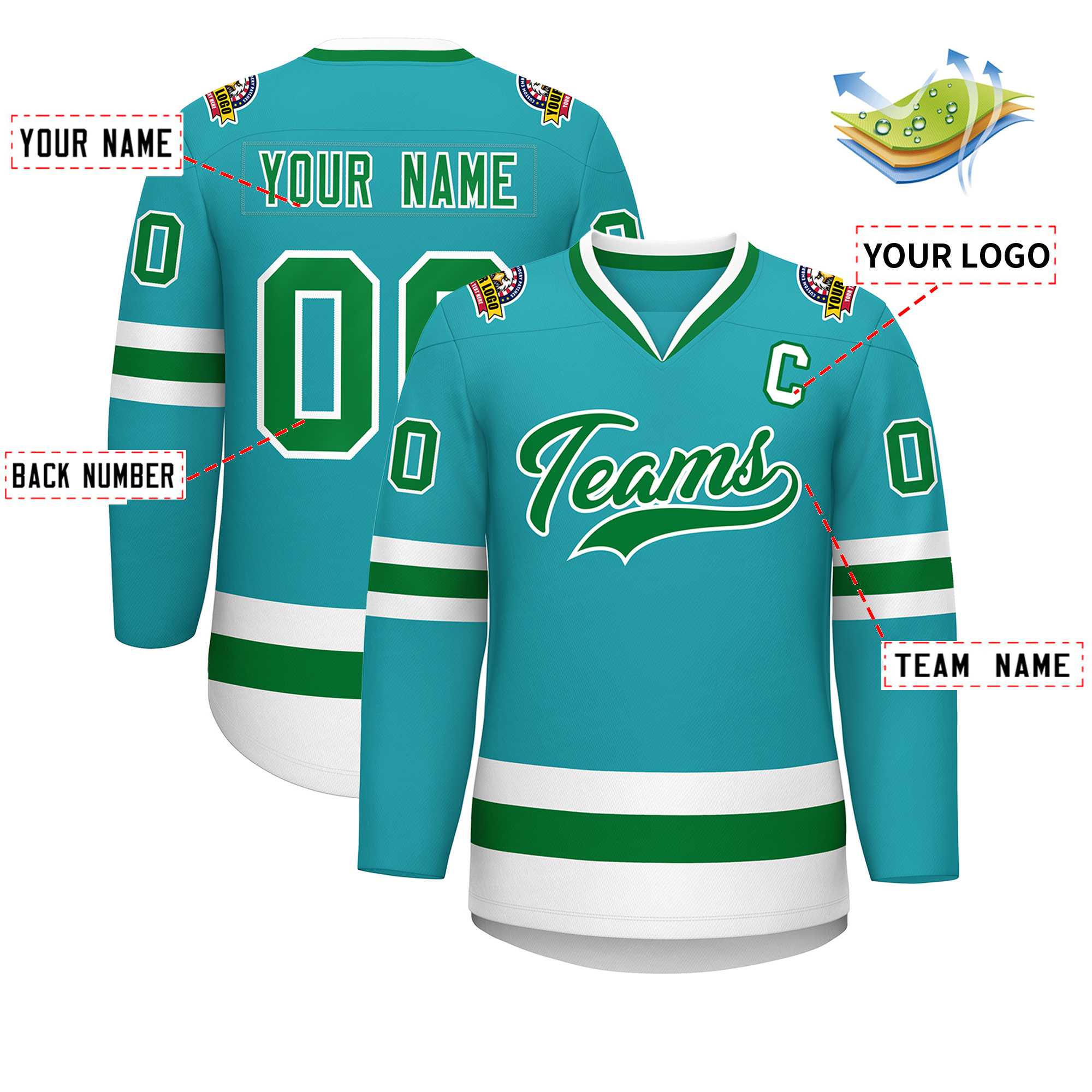 Custom Aqua Kelly Green-White Classic Style Hockey Jersey | KXKSHOP