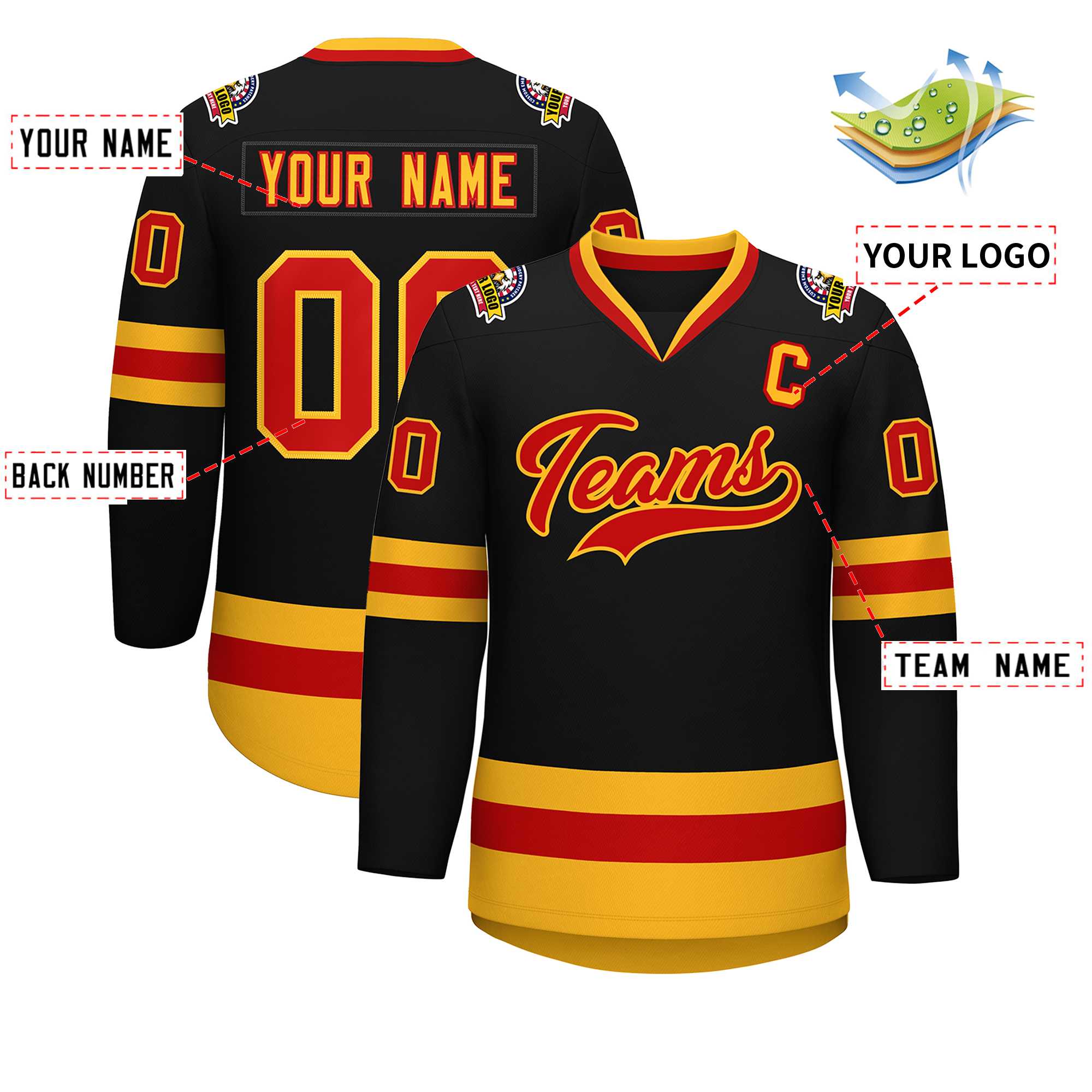 Custom Black Red-Gold Classic Style Hockey Jersey | KXKSHOP
