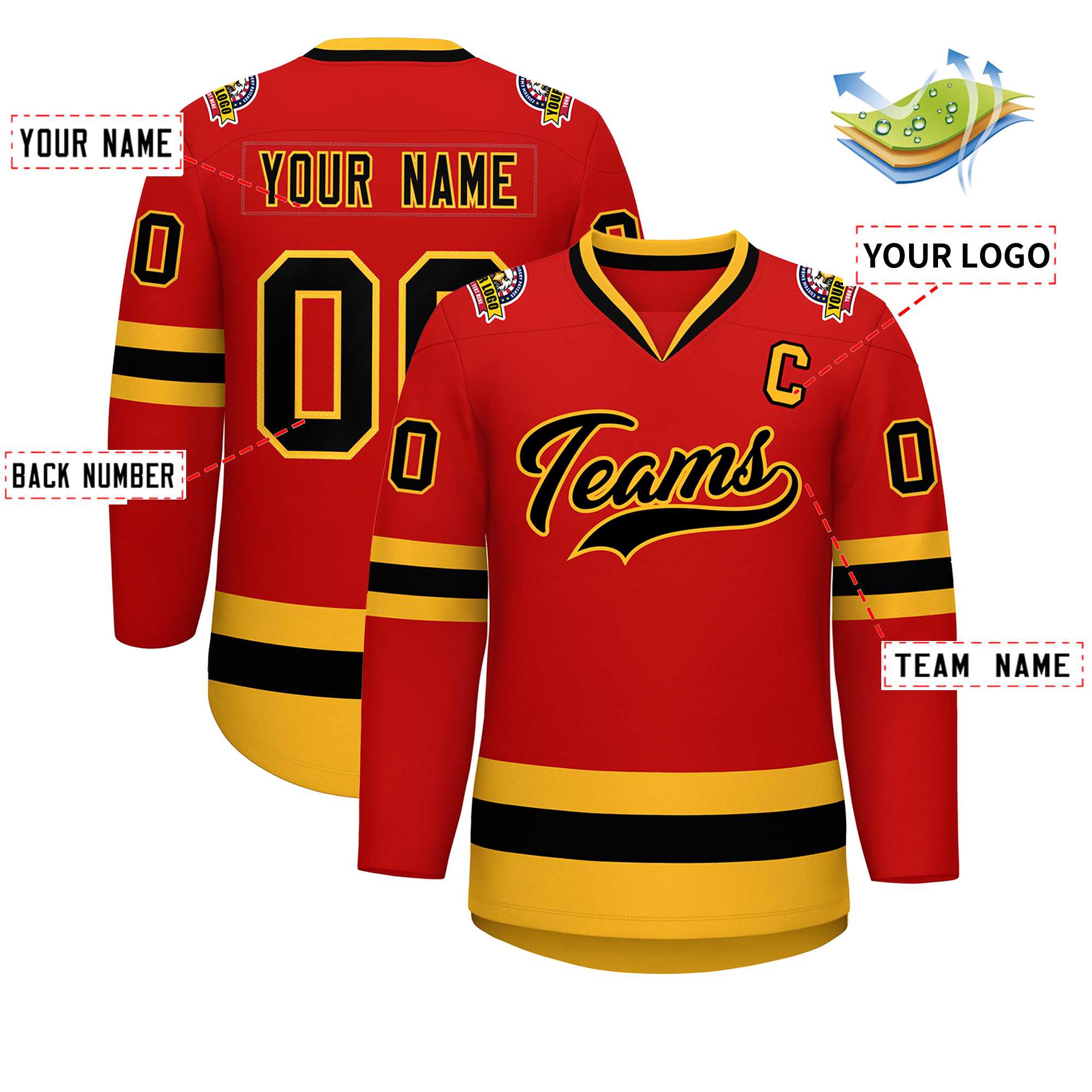 Custom Red Black-Gold Classic Style Hockey Jersey | KXKSHOP