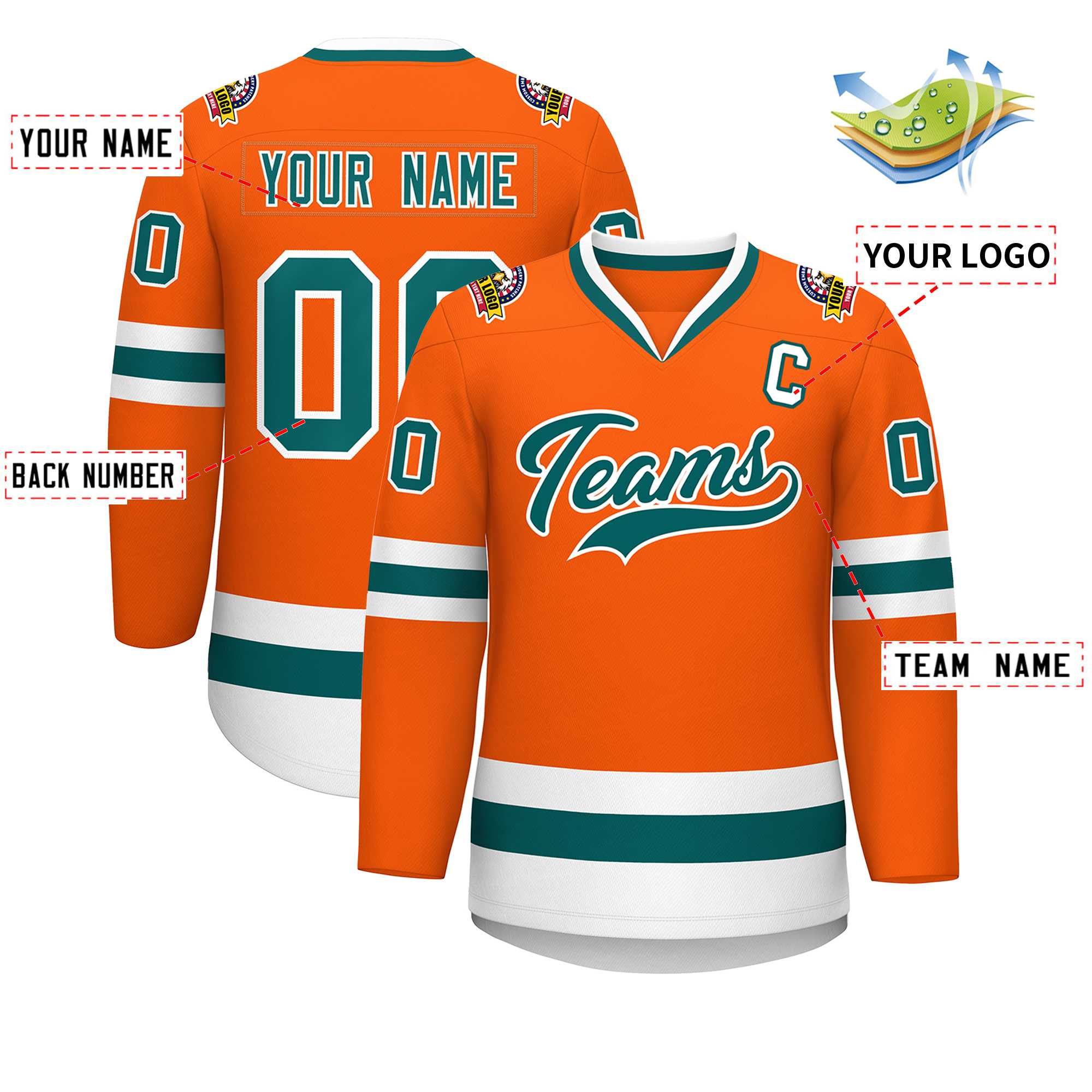 Custom Orange Aqua-White Classic Style Hockey Jersey | KXKSHOP