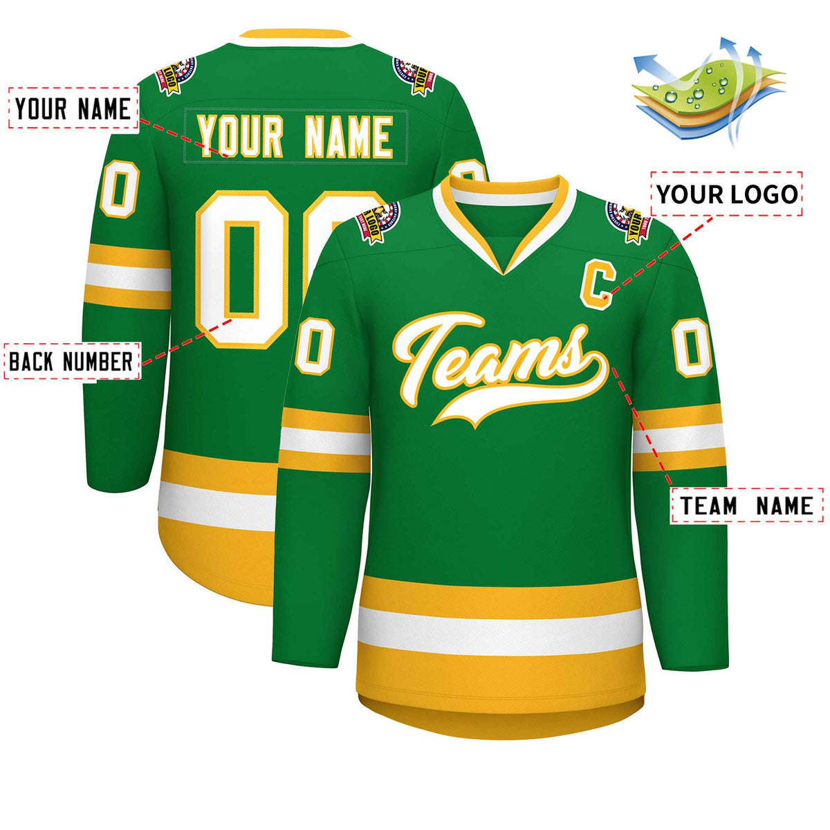 Custom Kelly Green White-Gold Classic Style Hockey Jersey | KXKSHOP