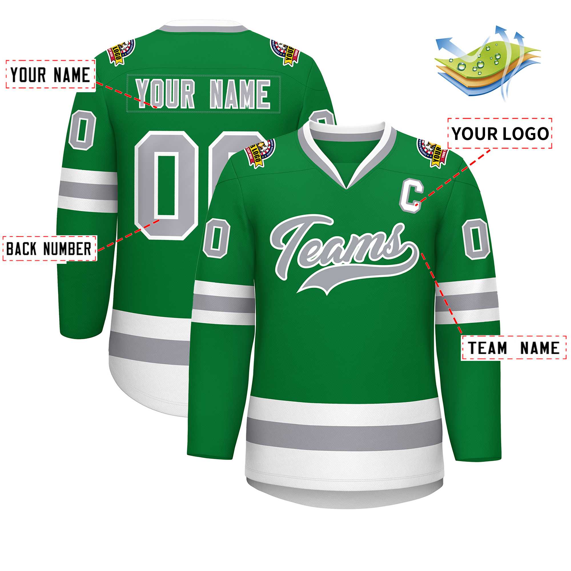 Custom Kelly Green Gray-White Classic Style Hockey Jersey | KXKSHOP