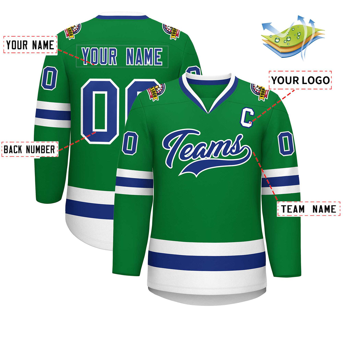 Custom Kelly Green Royal-White Classic Style Hockey Jersey | KXKSHOP