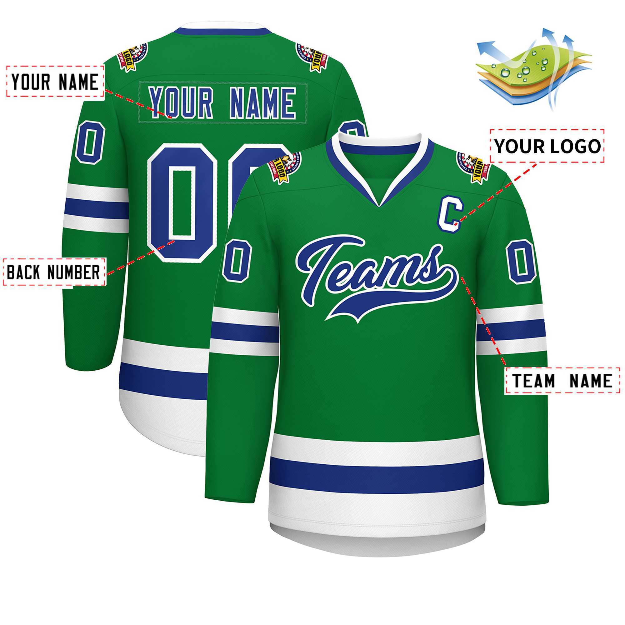 Custom Kelly Green Royal-White Classic Style Hockey Jersey | KXKSHOP