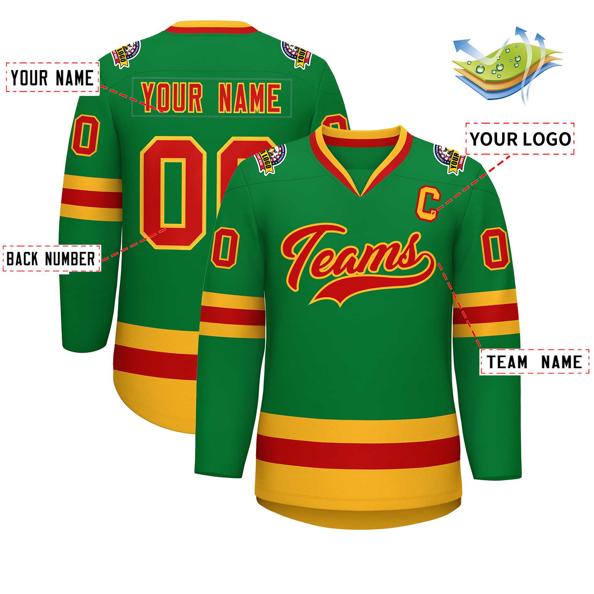 Custom Kelly Green Red-Gold Classic Style Hockey Jersey | KXKSHOP