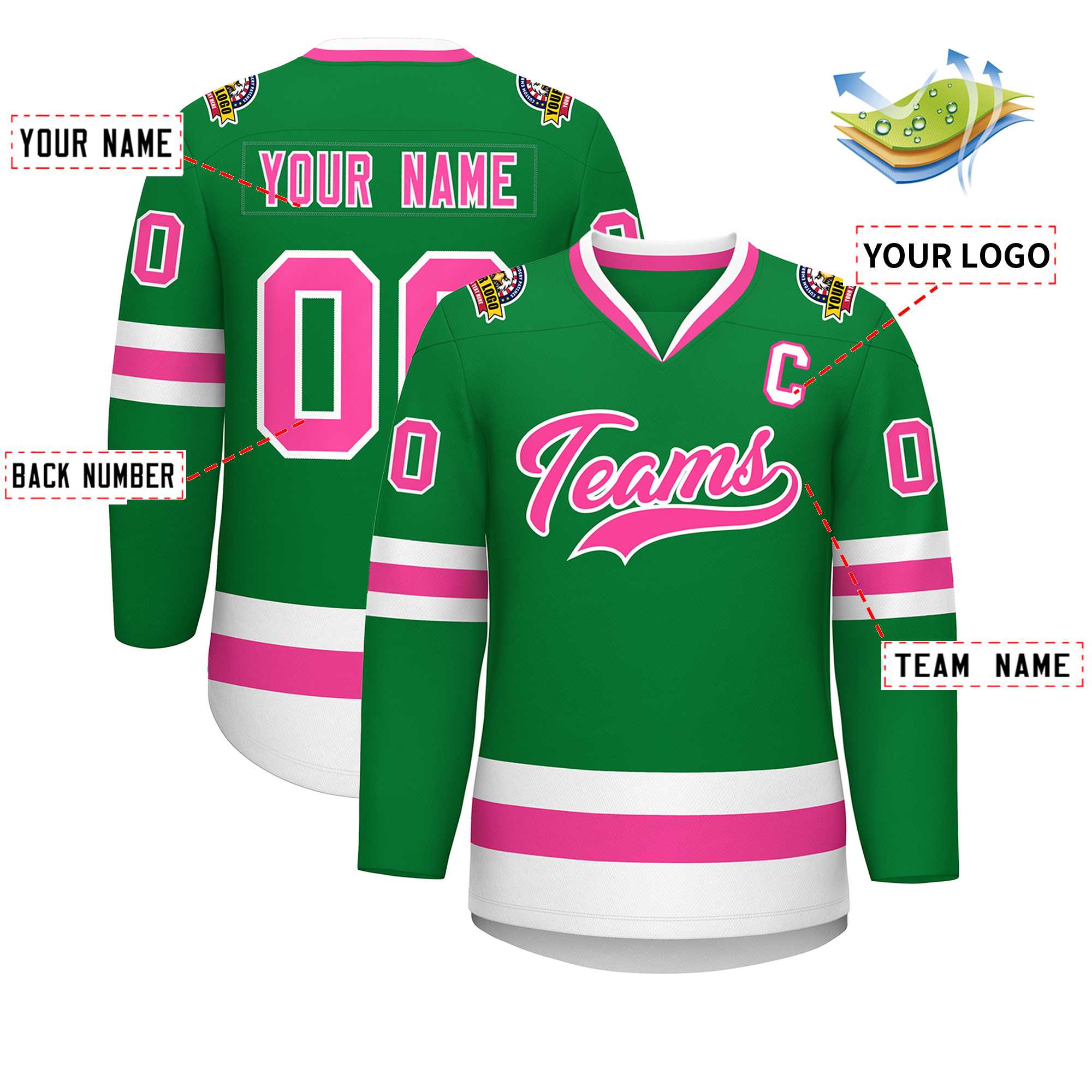 Custom Kelly Green Pink-White Classic Style Hockey Jersey | KXKSHOP