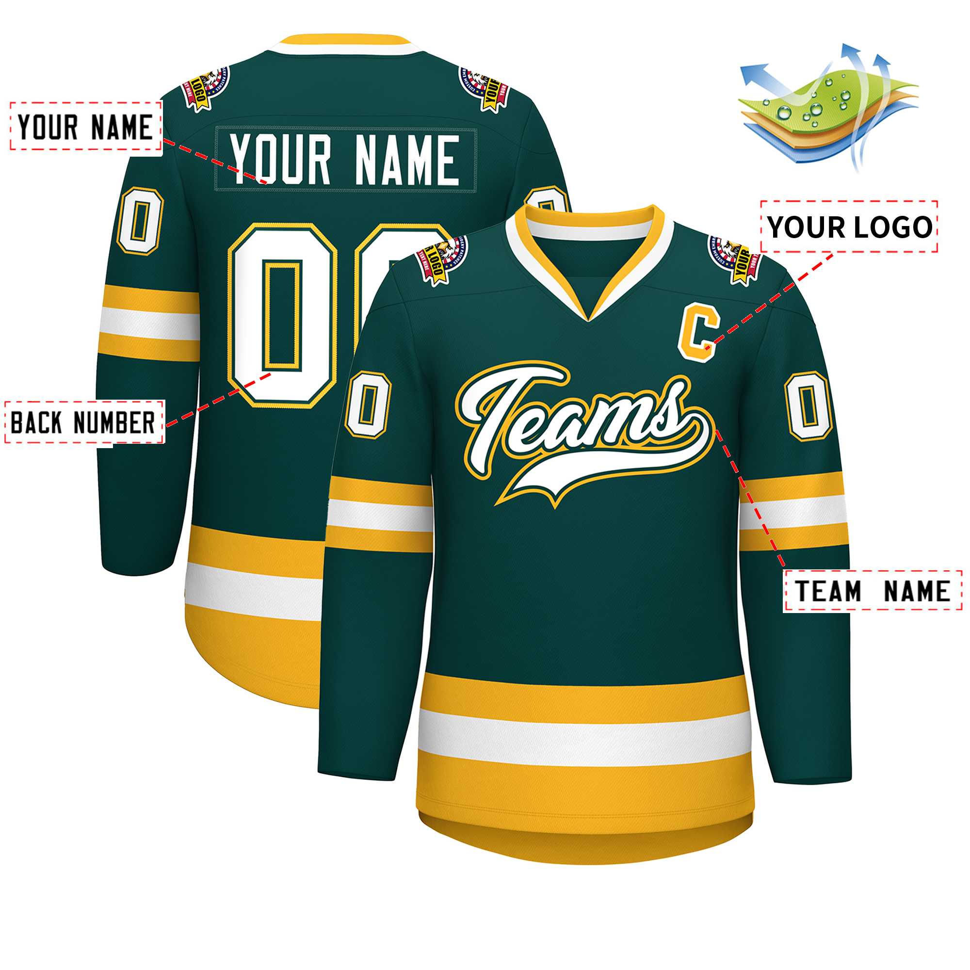 Custom Midnight Green White Olive-Gold Classic Style Hockey Jersey | KXKSHOP