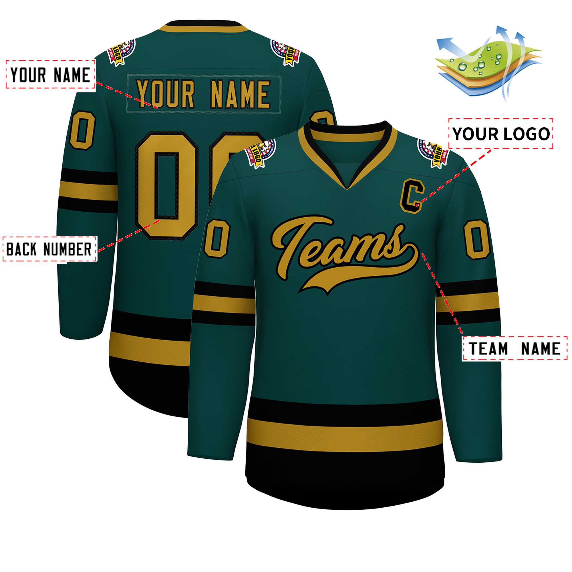 Custom Midnight Green Old Gold-Black Classic Style Hockey Jersey | KXKSHOP