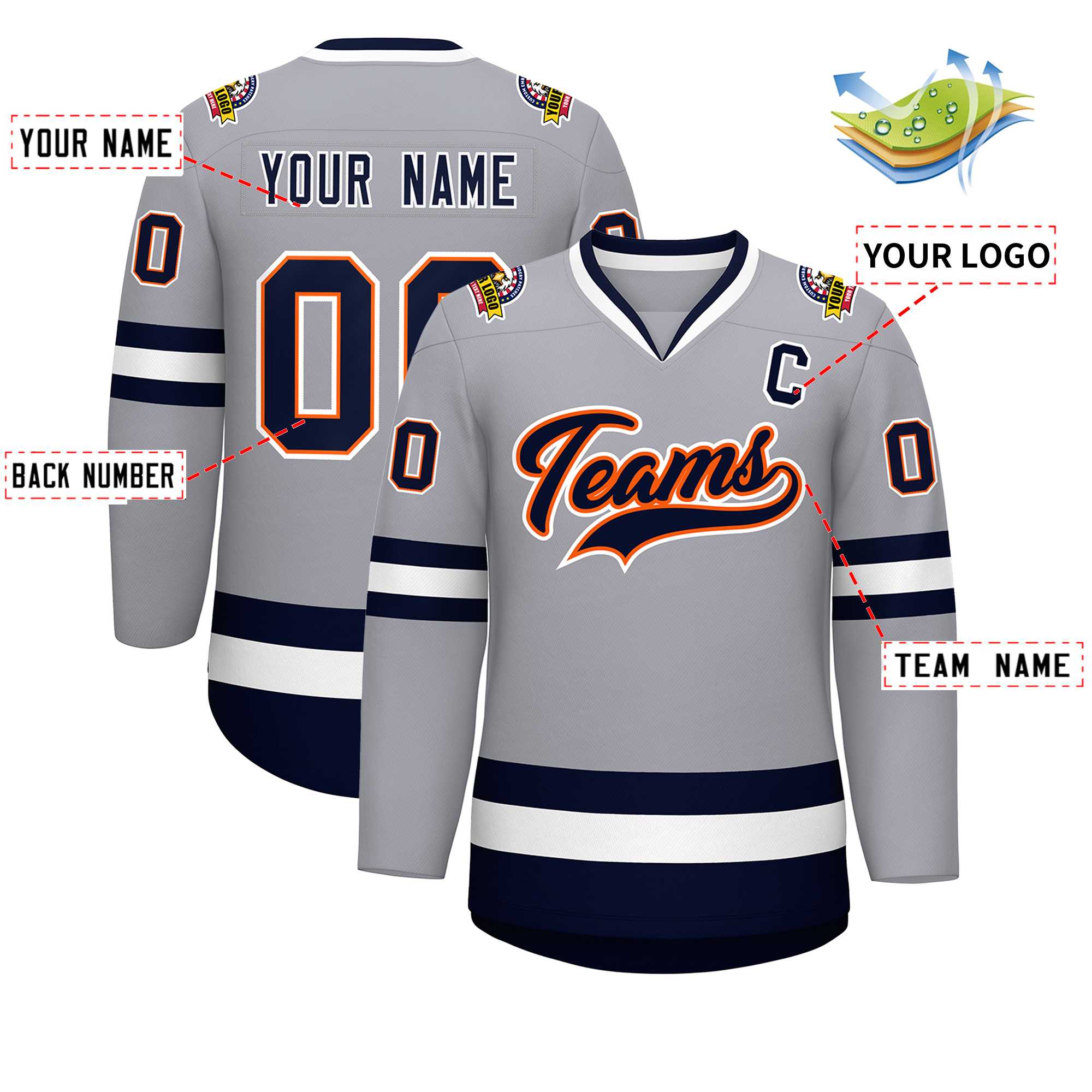 Custom Gray Navy Orange-White Classic Style Hockey Jersey | KXKSHOP