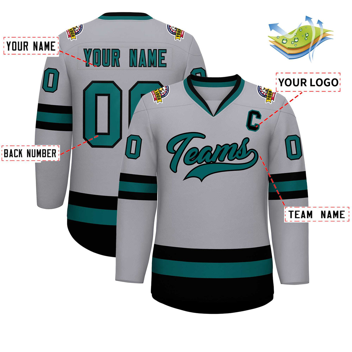 Custom Gray Aqua-Black Classic Style Hockey Jersey | KXKSHOP