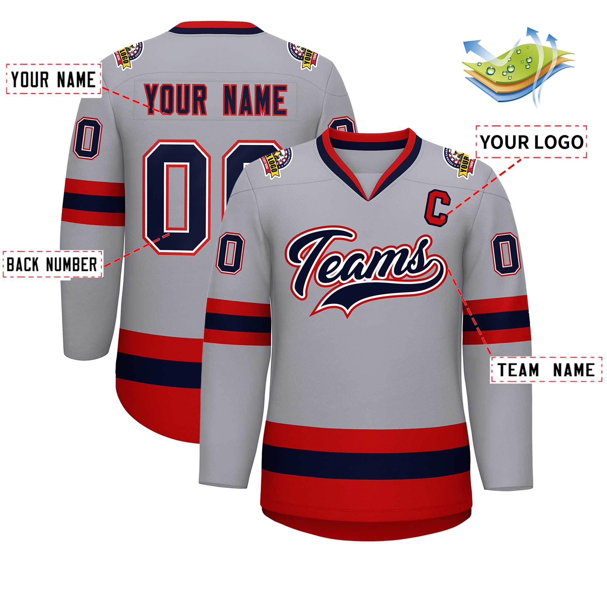 Custom Gray Navy White-Red Classic Style Hockey Jersey | KXKSHOP