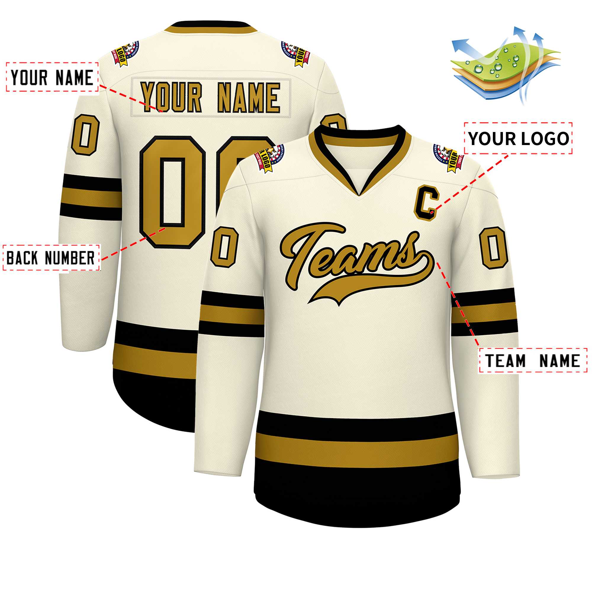 Custom Khaki Old Gold-Black Classic Style Hockey Jersey | KXKSHOP