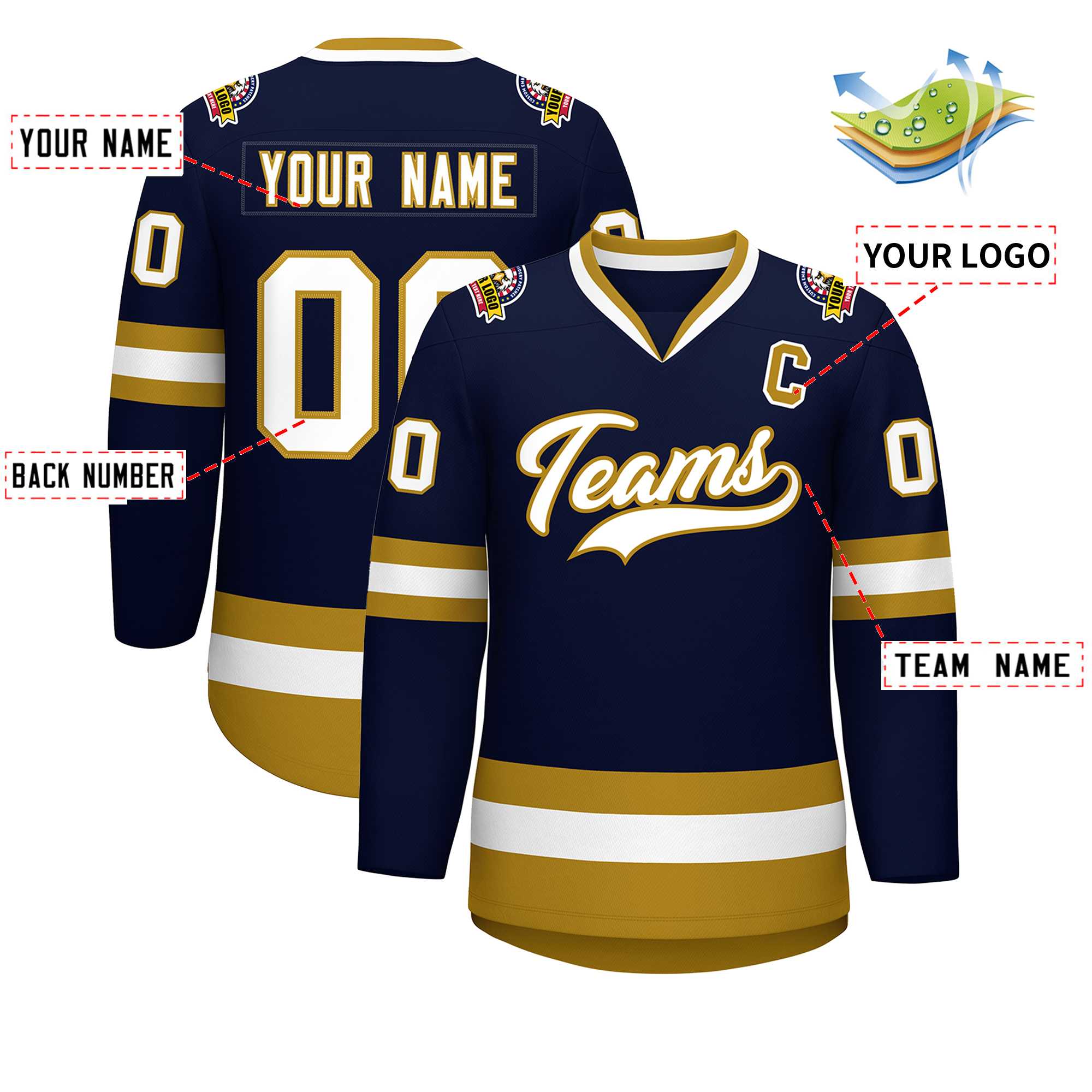Custom Navy White-Old Gold Classic Style Hockey Jersey | KXKSHOP