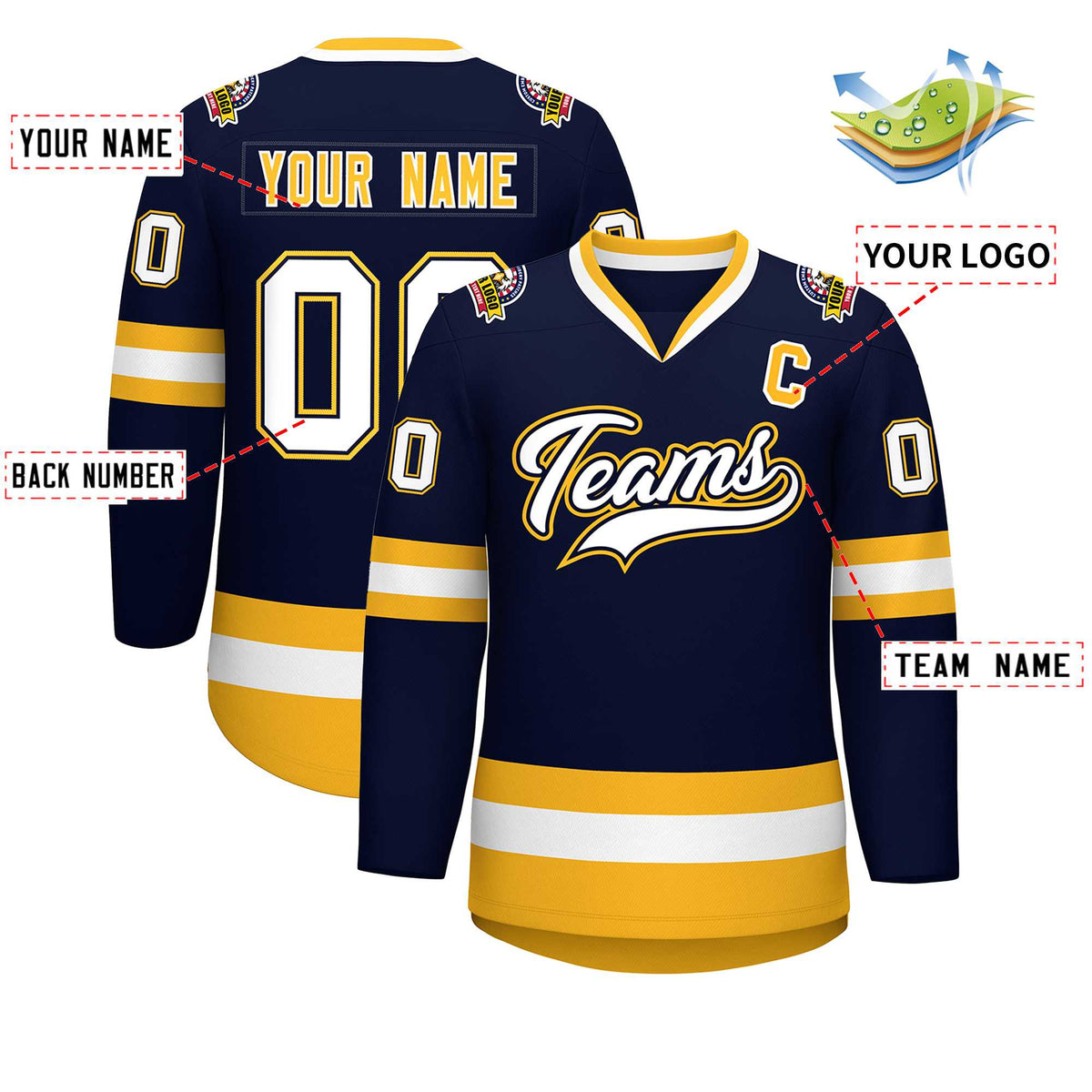 Custom Navy White Navy-Gold Classic Style Hockey Jersey | KXKSHOP