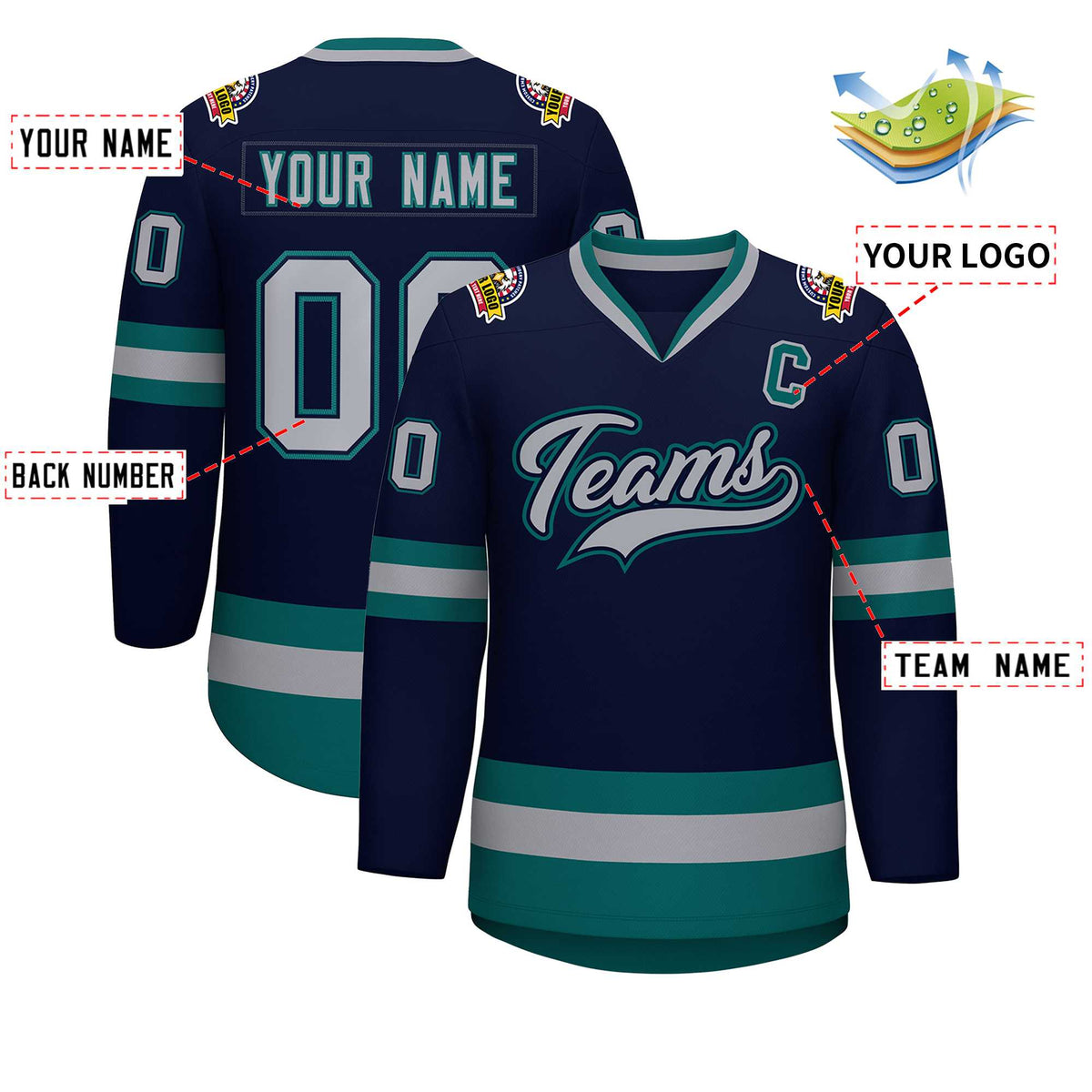 Custom Navy Gray Navy-Aqua Classic Style Hockey Jersey | KXKSHOP