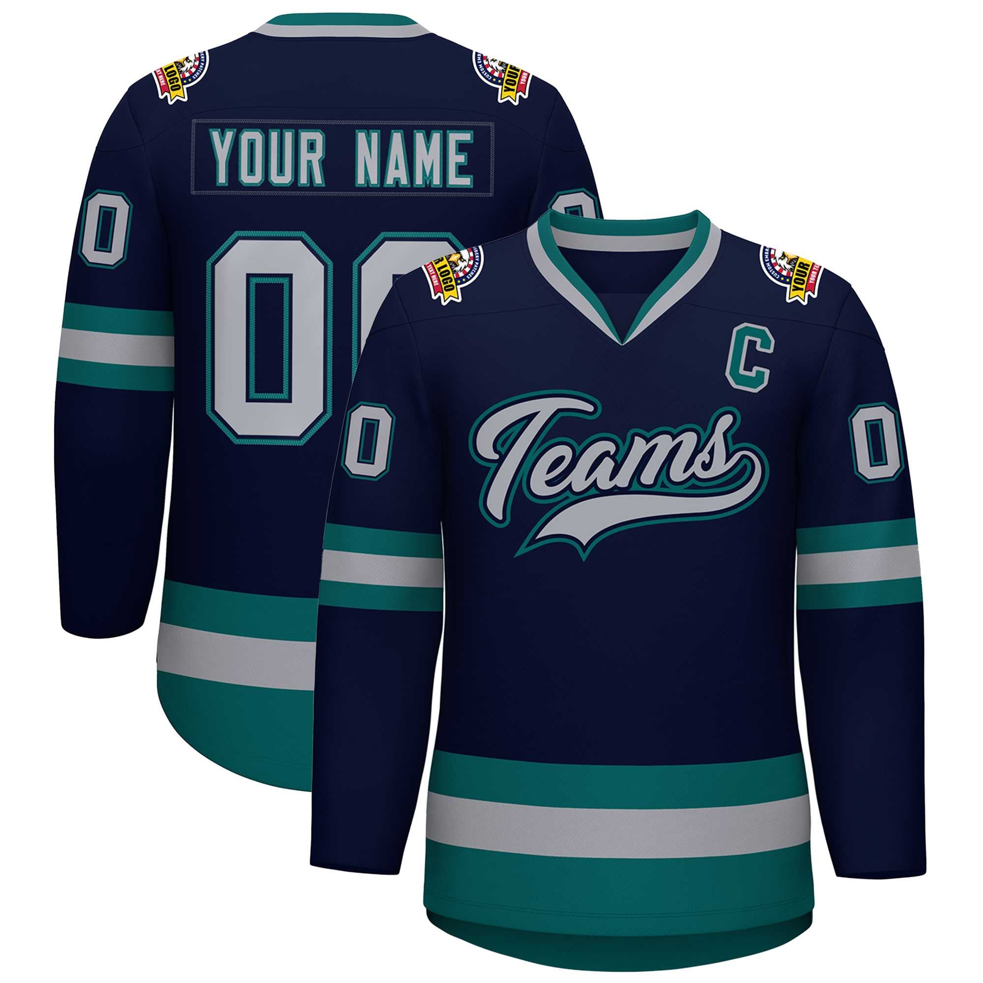 Custom Navy Gray Navy-Aqua Classic Style Hockey Jersey | KXKSHOP