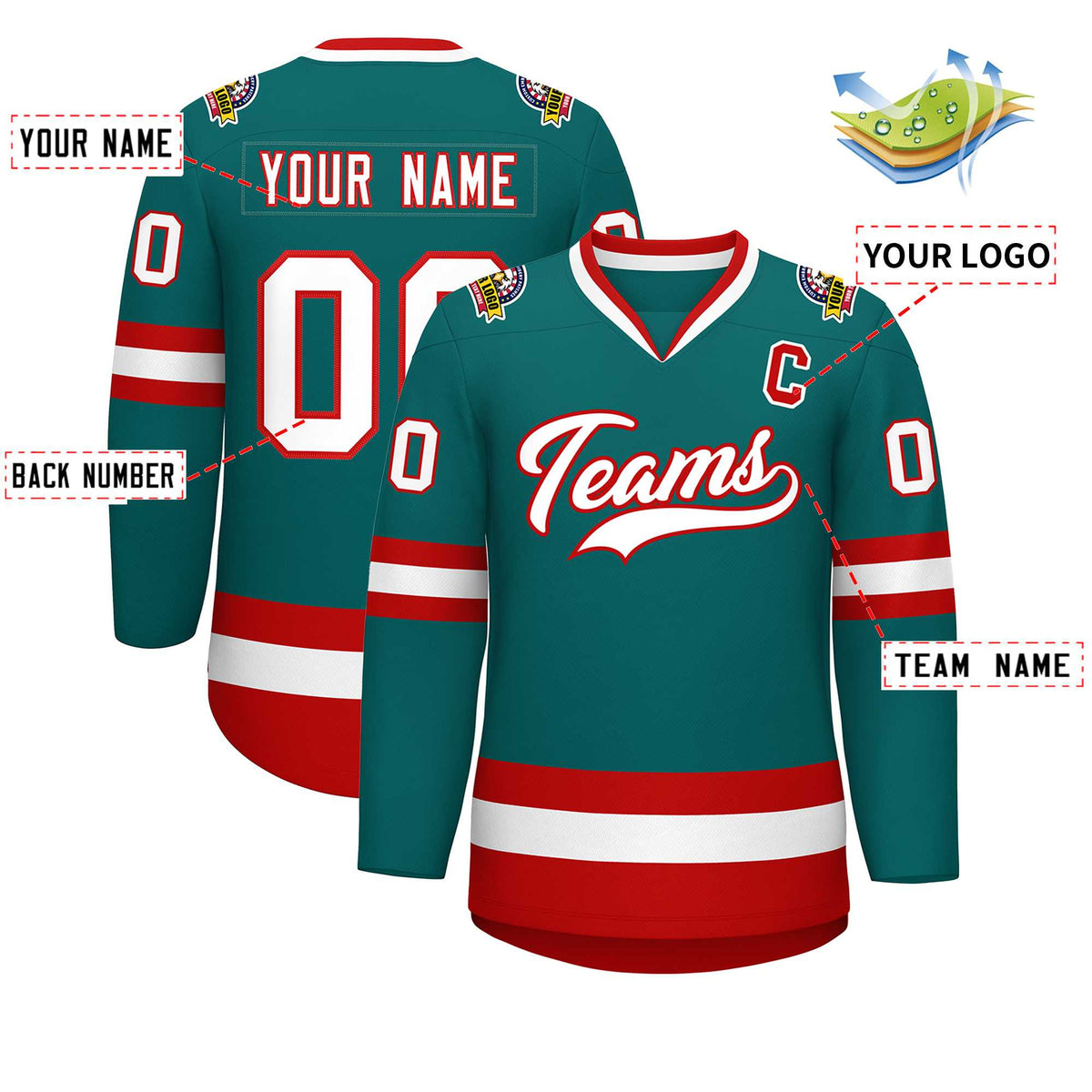 Custom Teal White-Red Classic Style Hockey Jersey | KXKSHOP