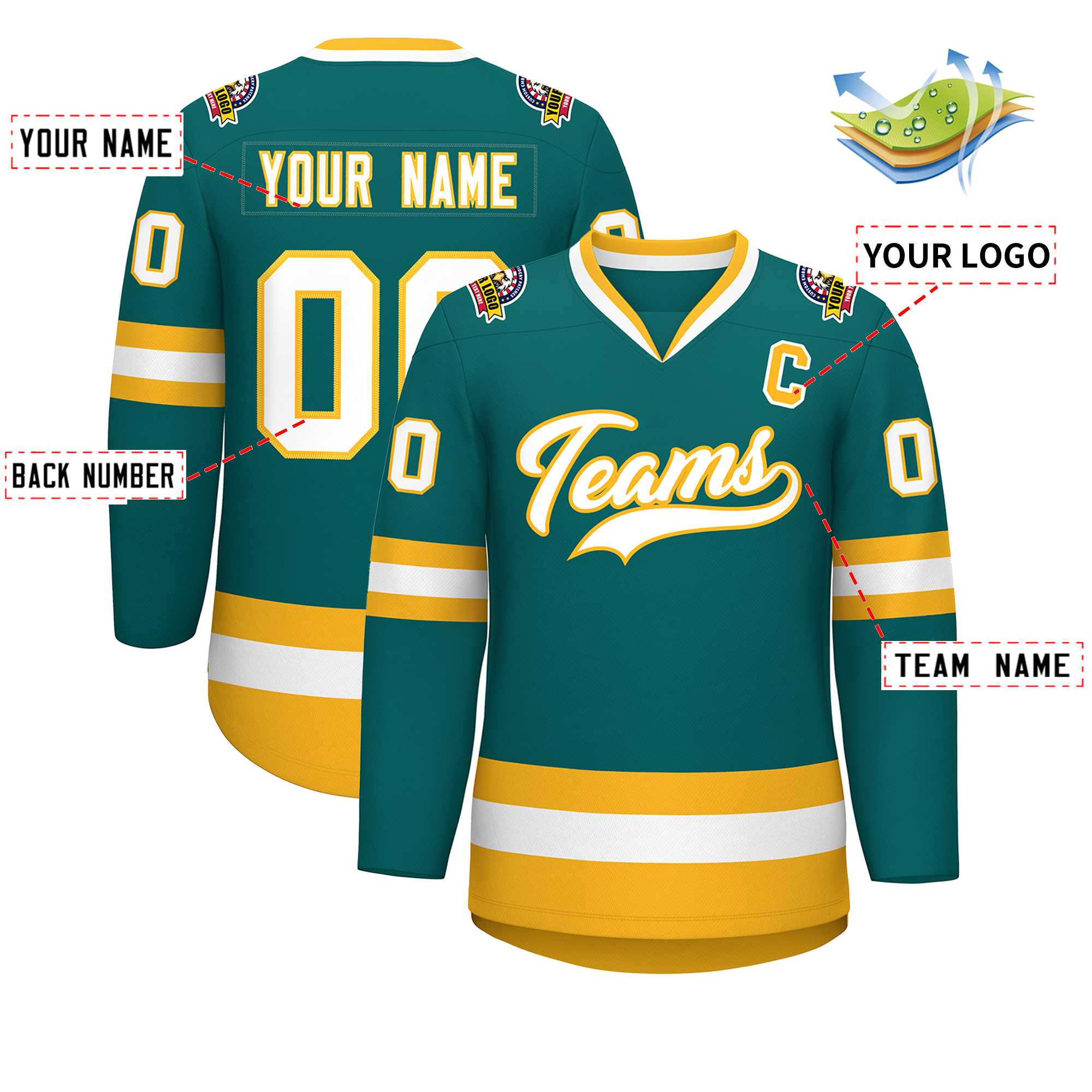 Custom Teal White-Gold Classic Style Hockey Jersey | KXKSHOP