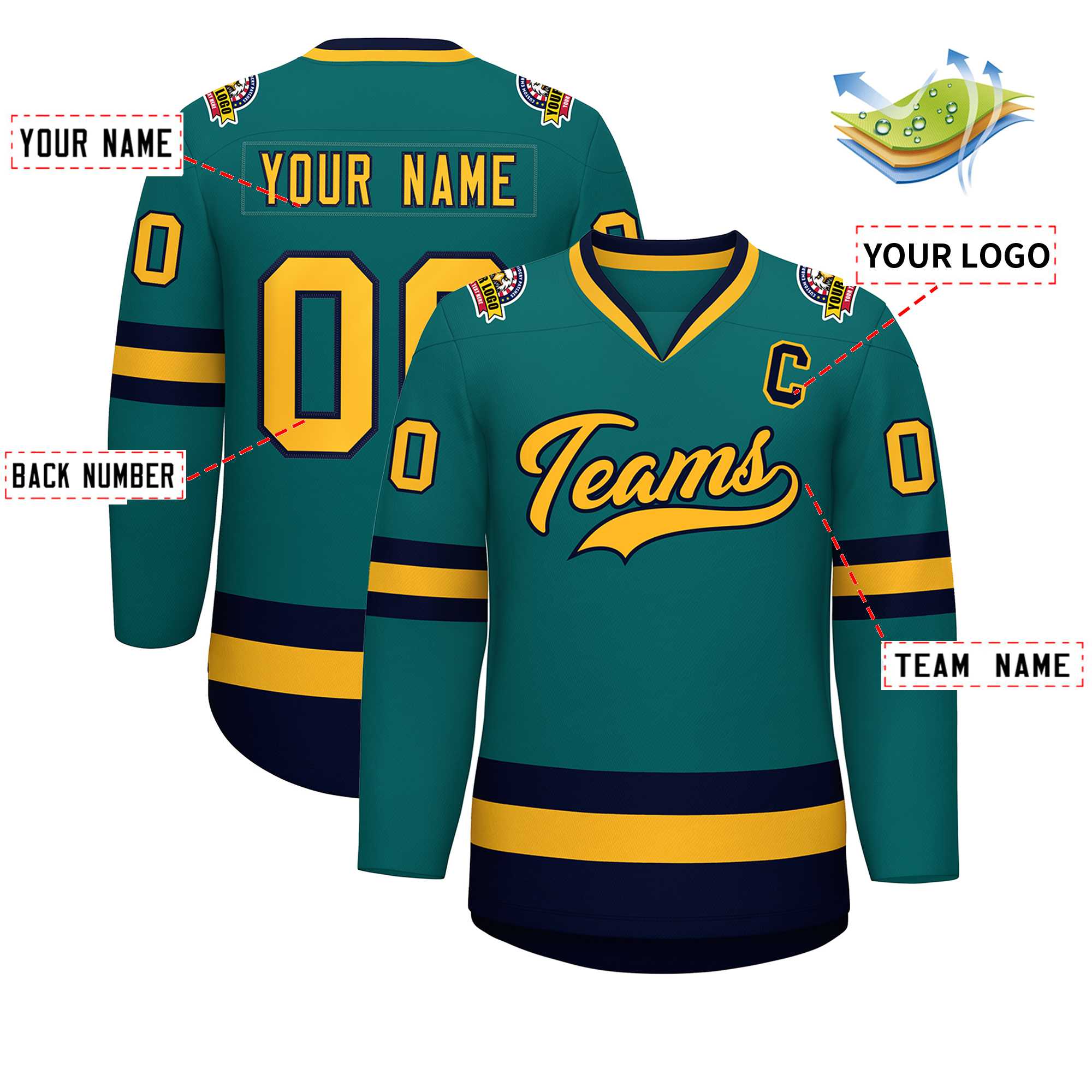 Custom Teal Gold-Navy Classic Style Hockey Jersey | KXKSHOP