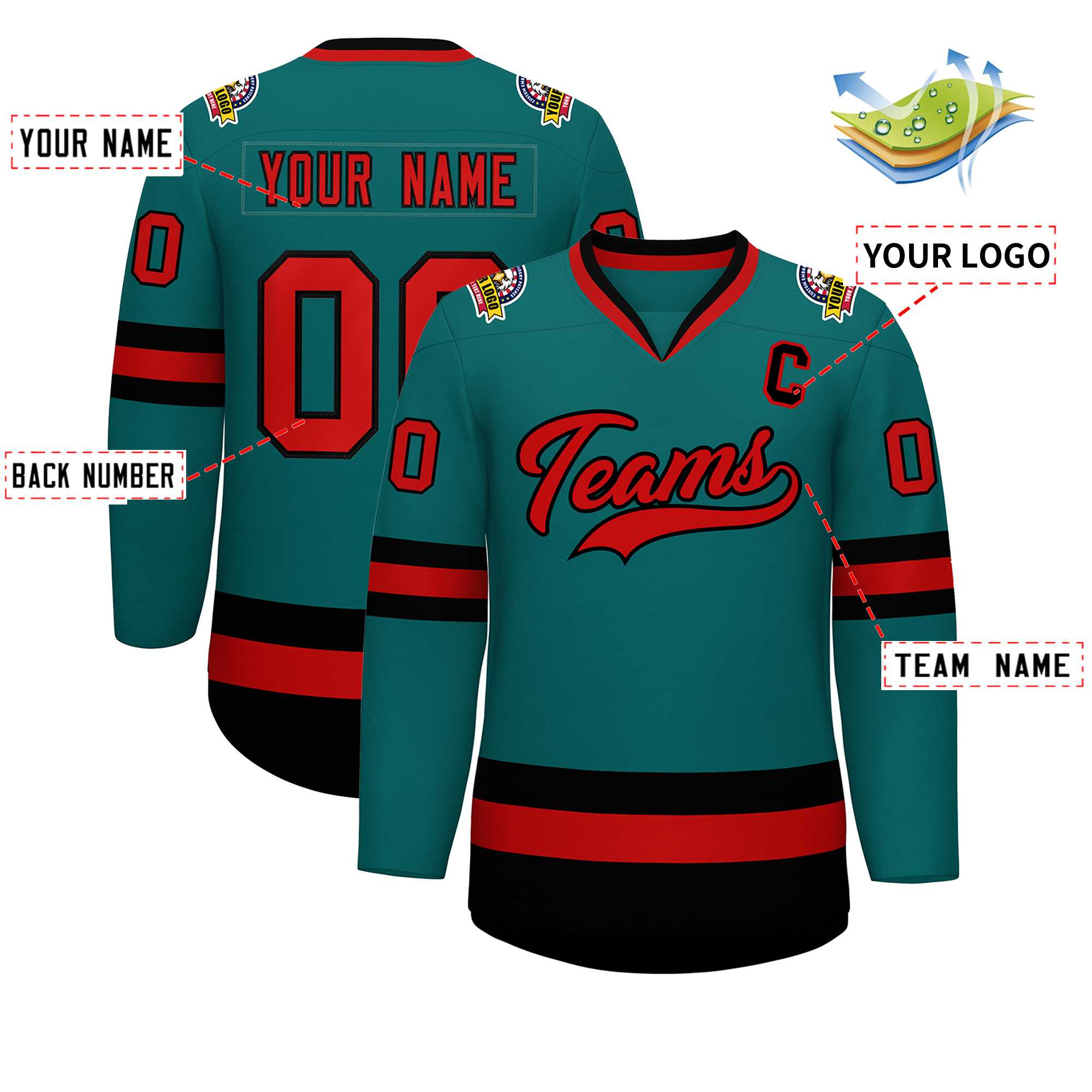 Custom Teal Red-Black Classic Style Hockey Jersey | KXKSHOP