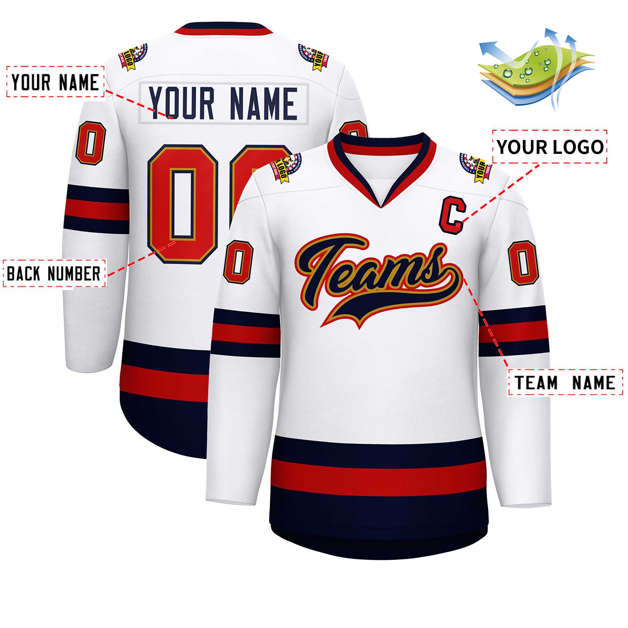 Custom White Navy Old Gold-Red Classic Style Hockey Jersey | KXKSHOP