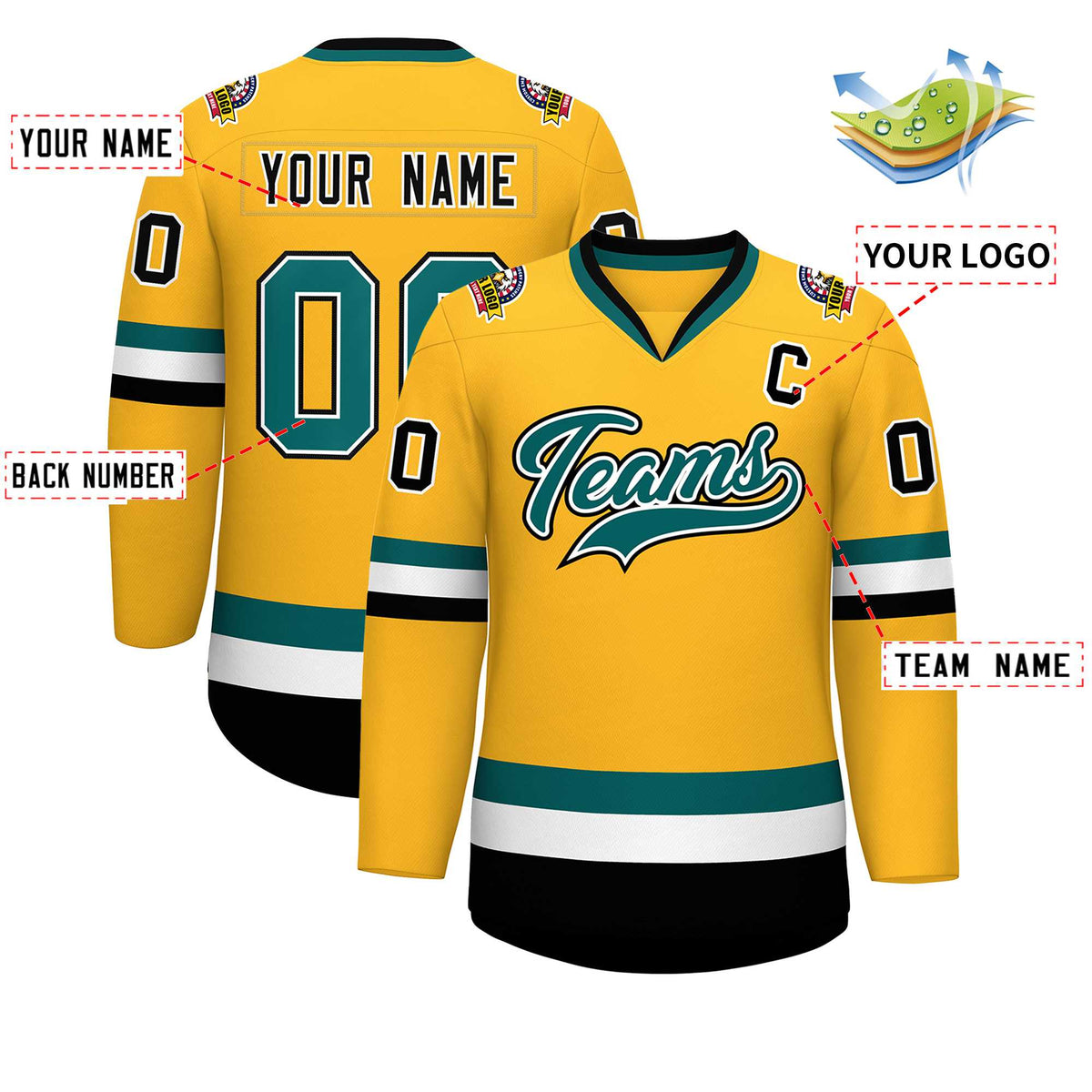 Custom Gold Aqua White-Black Classic Style Hockey Jersey | KXKSHOP